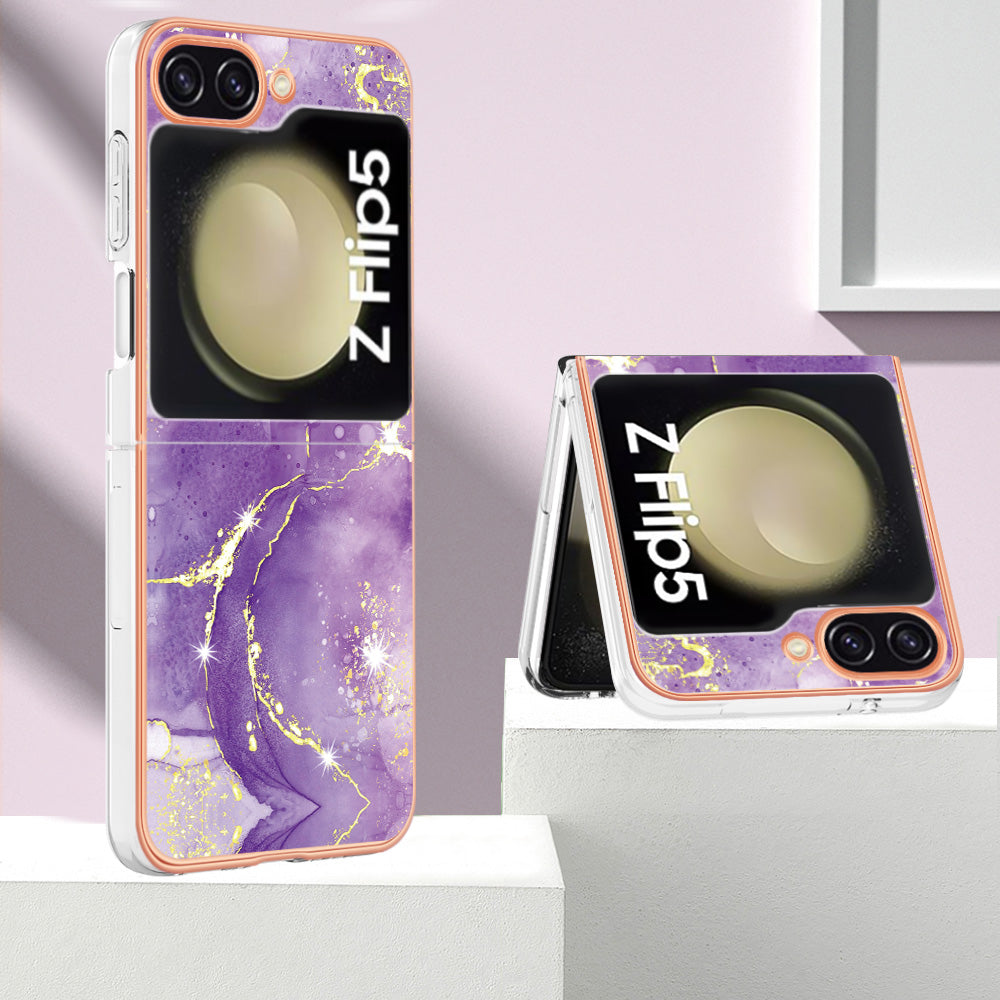 YB IMD Series-2 Electroplated Edge Phone Case for Samsung Galaxy Z Flip5 5G Soft TPU Marble Pattern IMD Cover