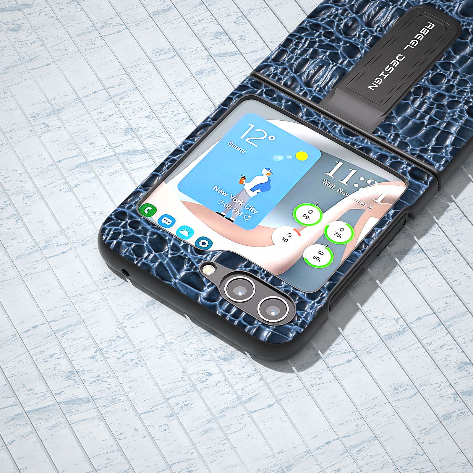 ABEEL For Samsung Galaxy Z Flip5 5G Kickstand Zadní kryt Pouzdro na telefon z pravé hovězí kůže PC Canopy 