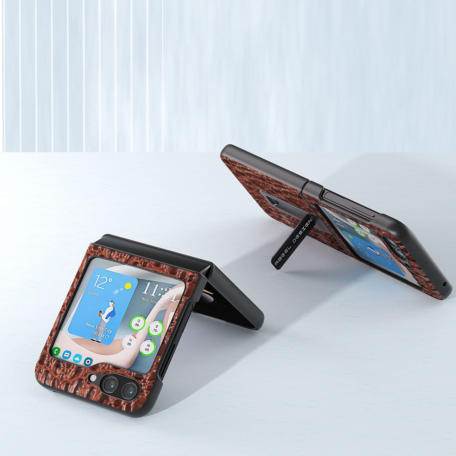 ABEEL For Samsung Galaxy Z Flip5 5G Kickstand Zadní kryt Pouzdro na telefon z pravé hovězí kůže PC Canopy 