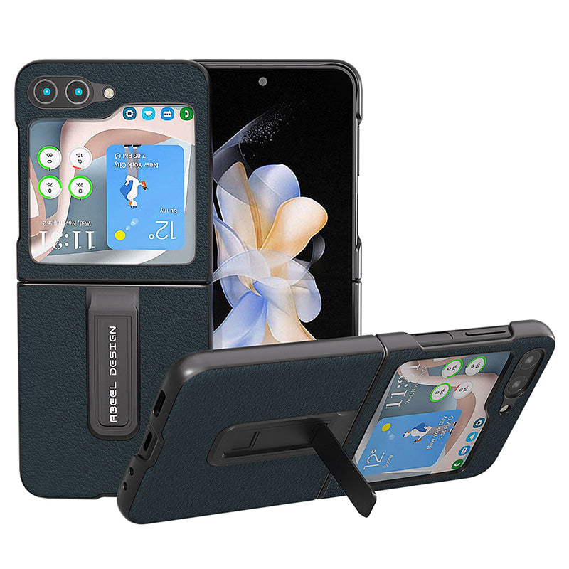 ABEEL For Samsung Galaxy Z Flip5 5G Kickstand Pouzdro na telefon z pravé hovězí kůže PC s texturou