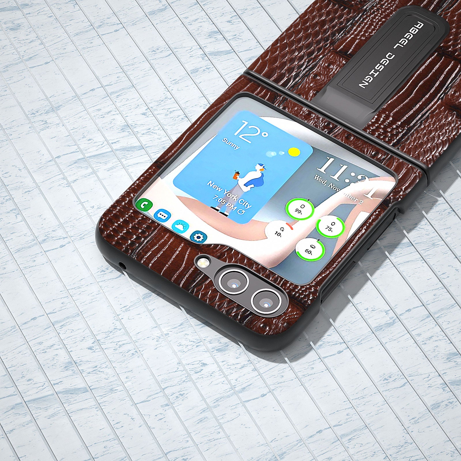 ABEEL til Samsung Galaxy Z Flip5 5G Mahjong Texture Kickstand Cover Ægte kolæder PC-telefontaske