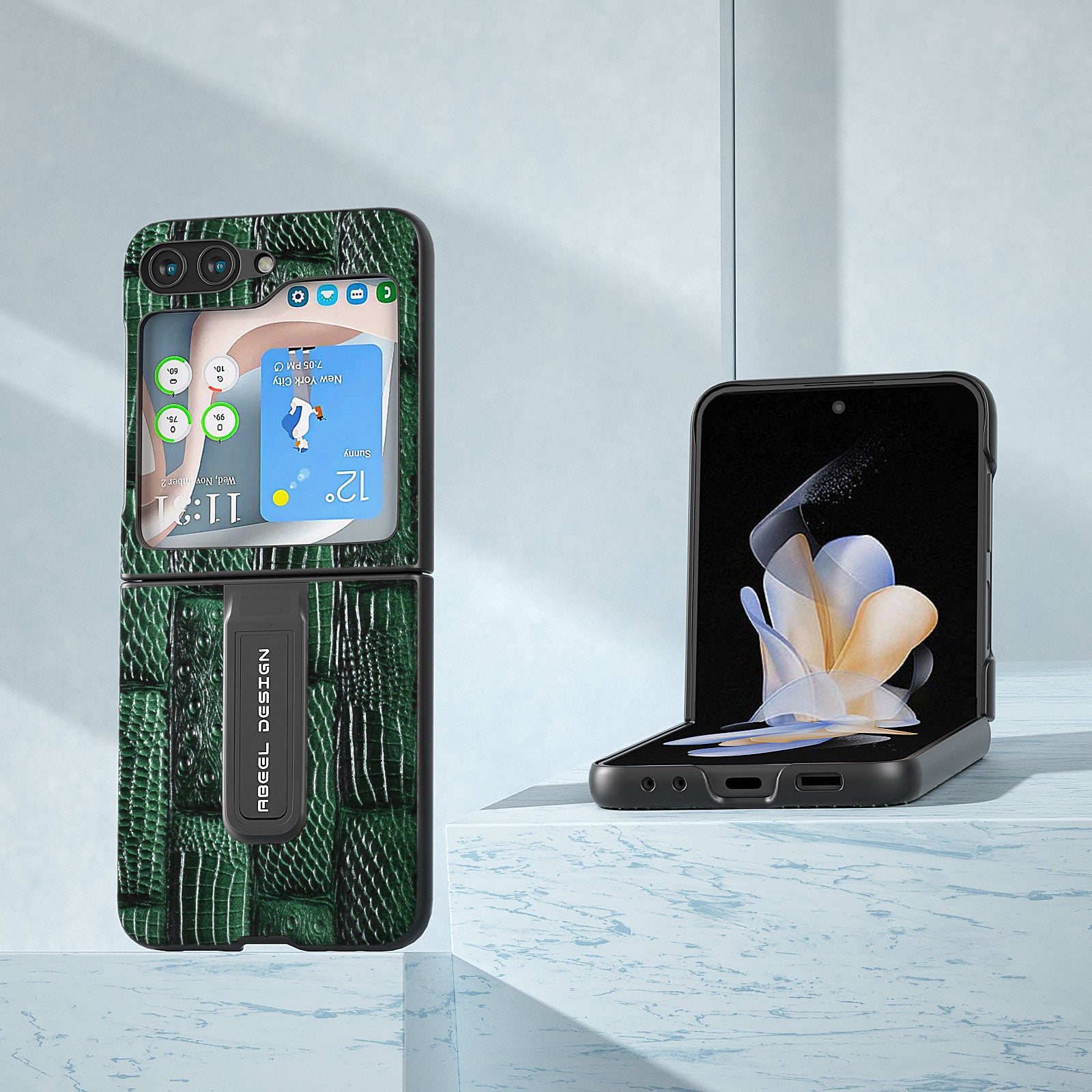 ABEEL til Samsung Galaxy Z Flip5 5G Mahjong Texture Kickstand Cover Ægte kolæder PC-telefontaske