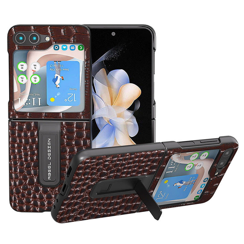 ABEEL For Samsung Galaxy Z Flip5 5G Crocodile Texture Protective Case Genuine Cow Leather PC Kickstand Phone Cover