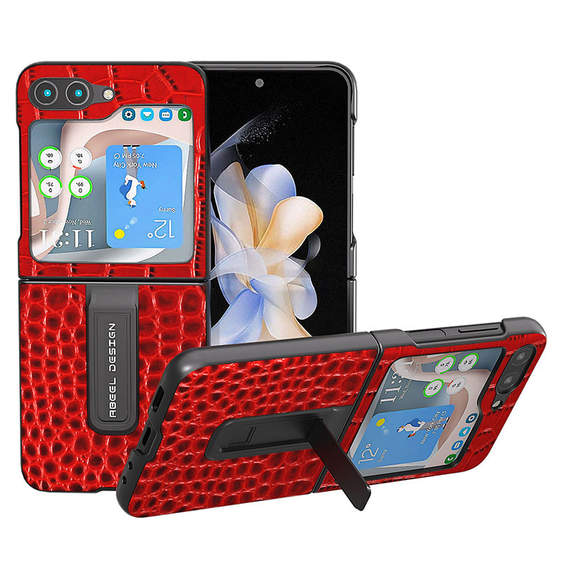 ABEEL For Samsung Galaxy Z Flip5 5G Crocodile Texture Protective Case Genuine Cow Leather PC Kickstand Phone Cover