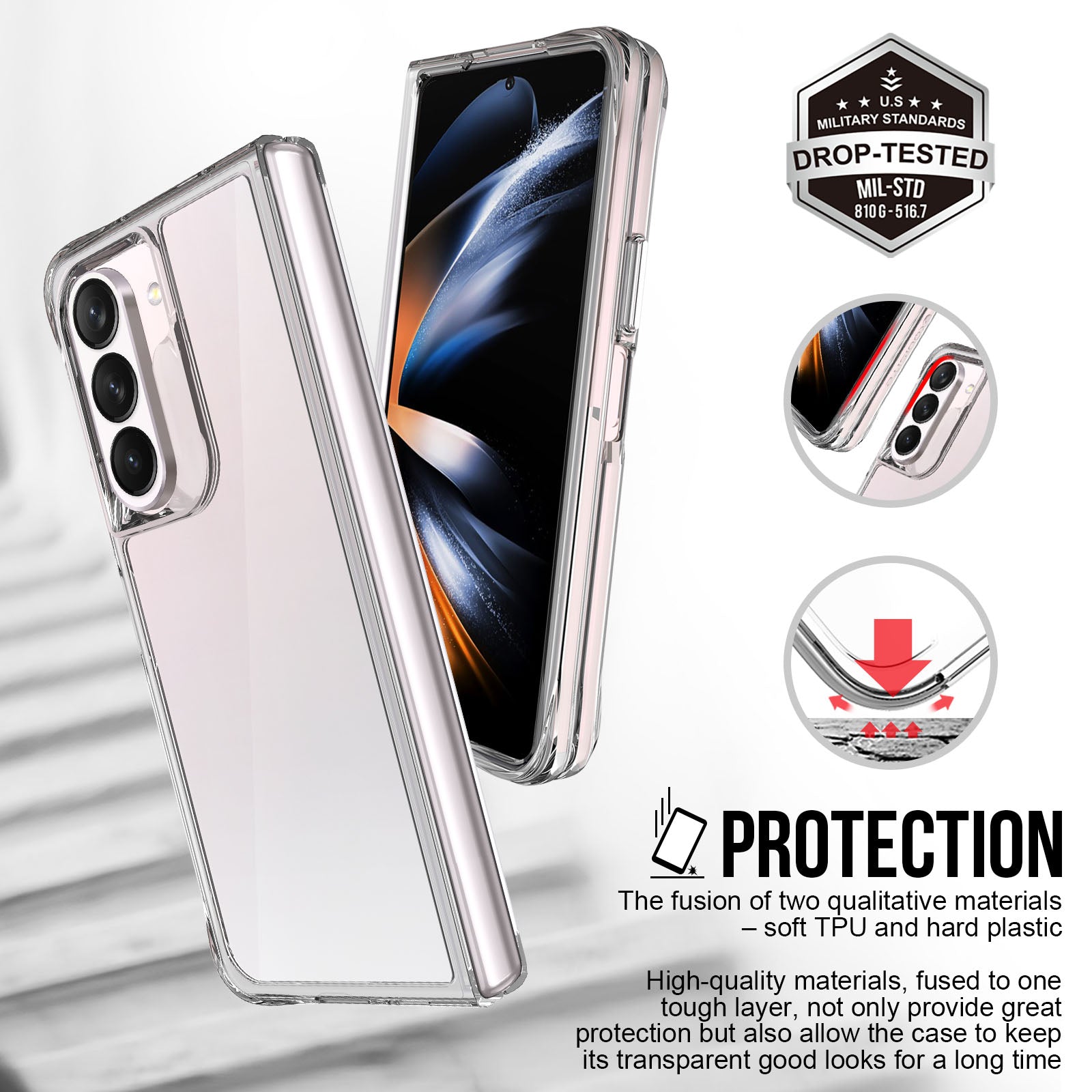 Transparent Phone Case for Samsung Galaxy Z Fold5 5G , PC+TPU Shockproof Folding Cover