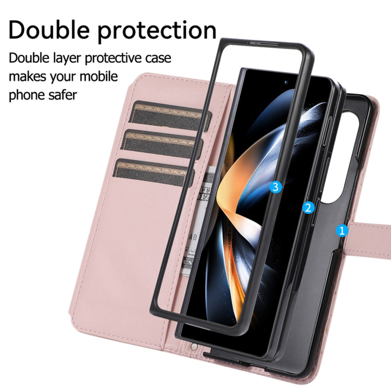 Pro Samsung Galaxy Z Fold5 5G PU kožené pouzdro na telefon PC s kosočtvercovým vzorem Kryt stojánku na peněženku s potiskem a popruhy 
