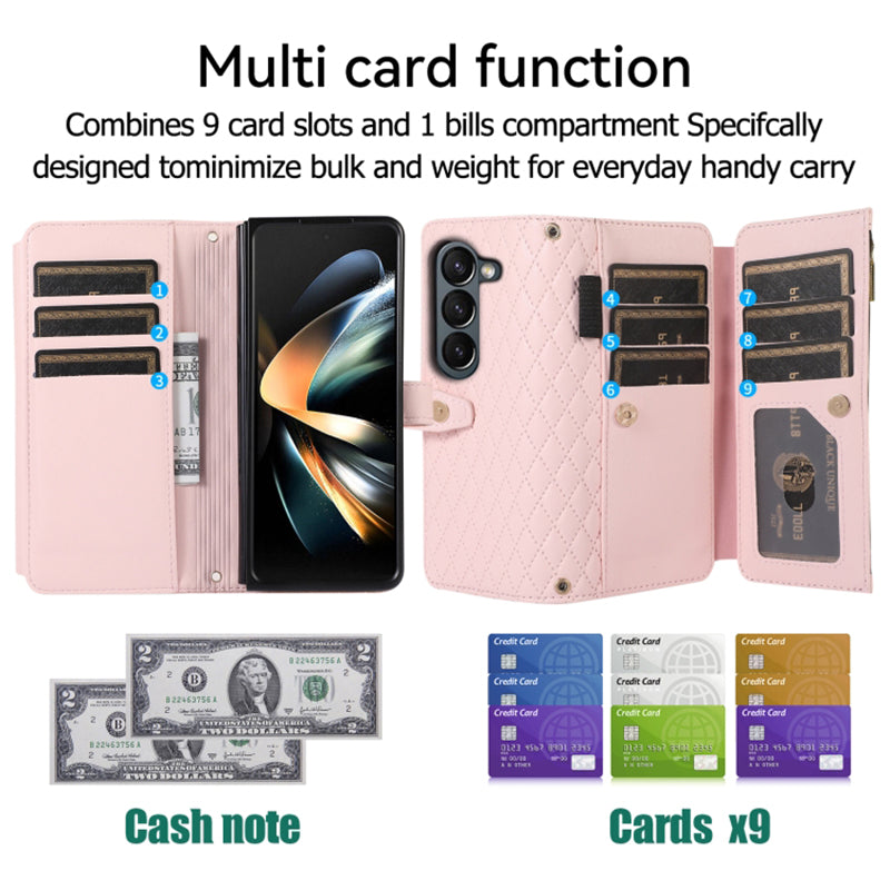 For Samsung Galaxy Z Fold5 5G PU Leather PC Rhombus Pattern Case Wallet Stand Phone Cover with Wrist Strap