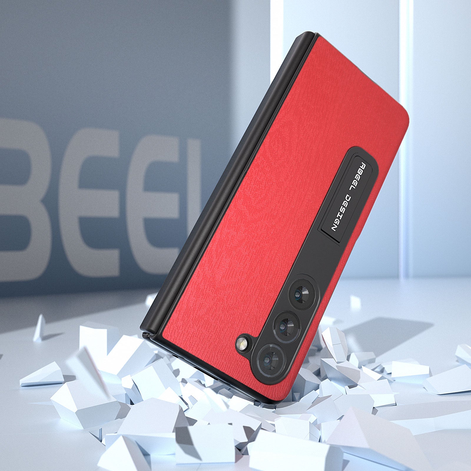 ABEEL For Samsung Galaxy Z Fold5 5G Kickstand Phone Case Wood Texture Leather Coated PC Cover with Tempered Glass Screen Film