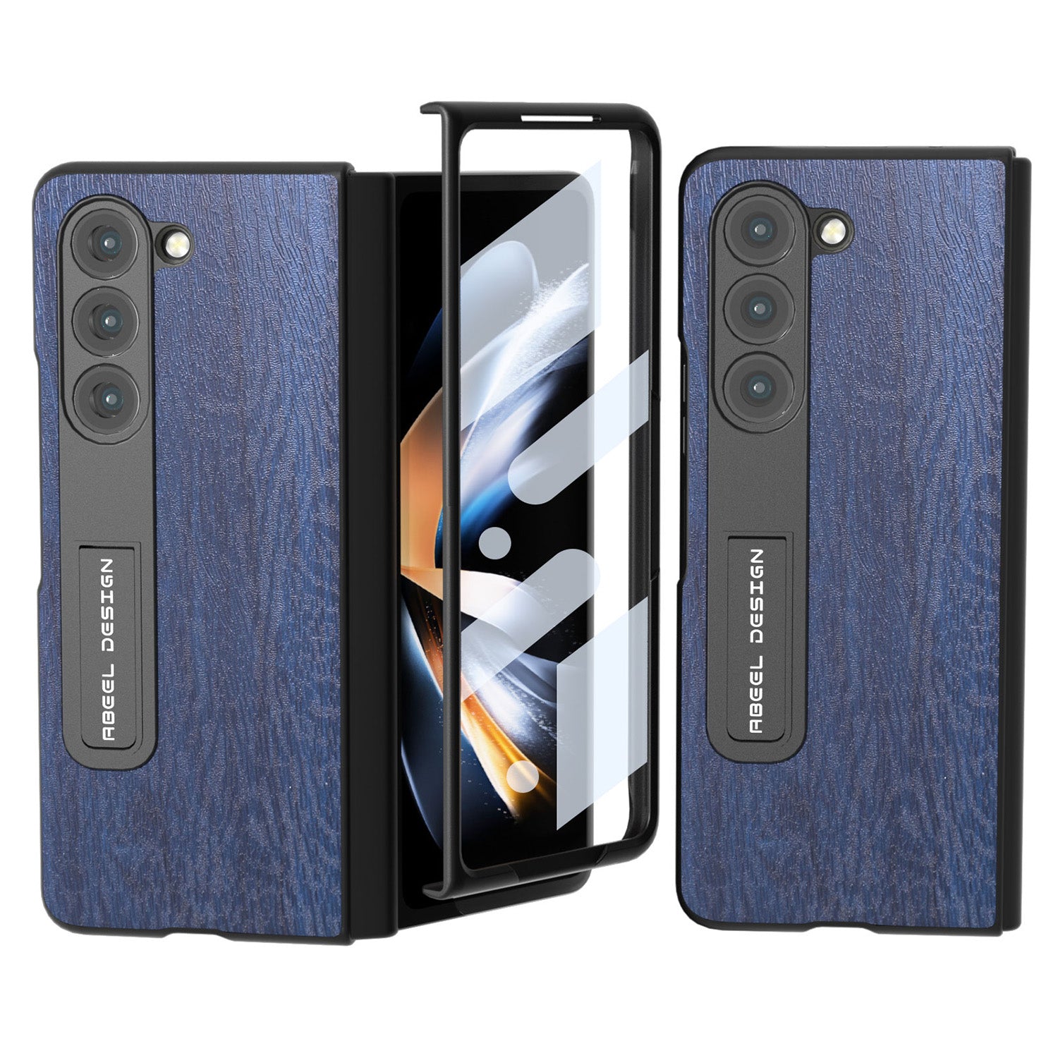 ABEEL For Samsung Galaxy Z Fold5 5G Kickstand Phone Case Wood Texture Leather Coated PC Cover with Tempered Glass Screen Film