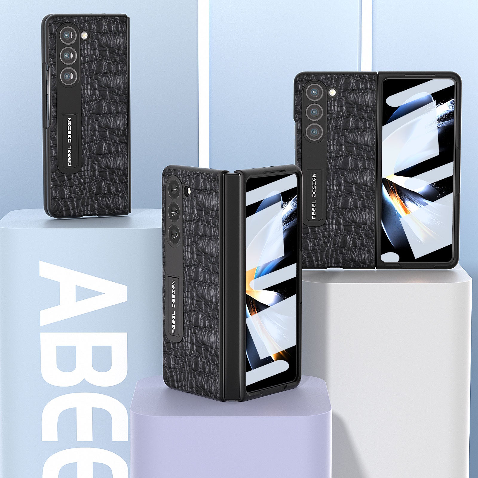 ABEEL For Samsung Galaxy Z Fold5 5G Genuine Cow Leather PC Kickstand Cover Canopy Texture Phone Case Cover with Tempered Glass Screen Film