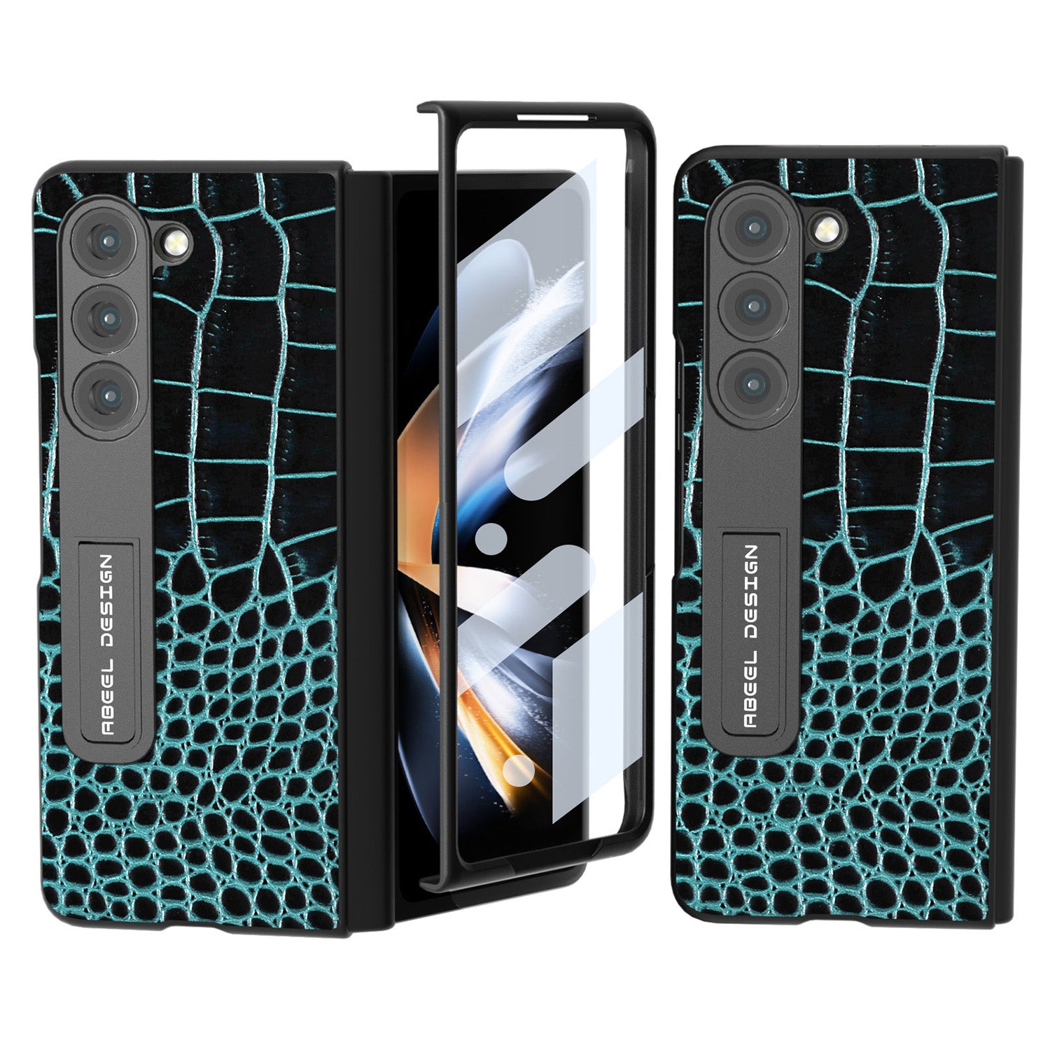 ABEEL For Samsung Galaxy Z Fold5 5G Crocodile Texture Kickstand Cover Genuine Cow Leather PC Phone Case with Tempered Glass Screen Film