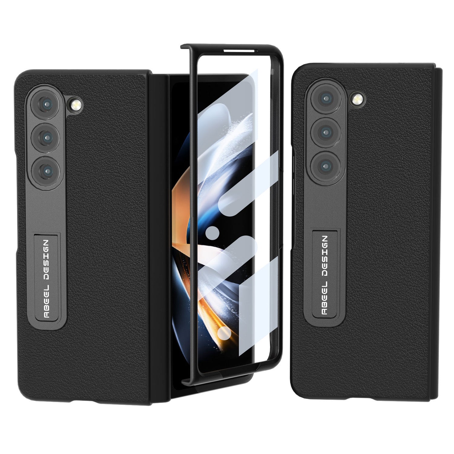 ABEEL For Samsung Galaxy Z Fold5 5G Texture Genuine Cow Leather PC Phone Case Kickstand Protective Cover with Front Screen Film