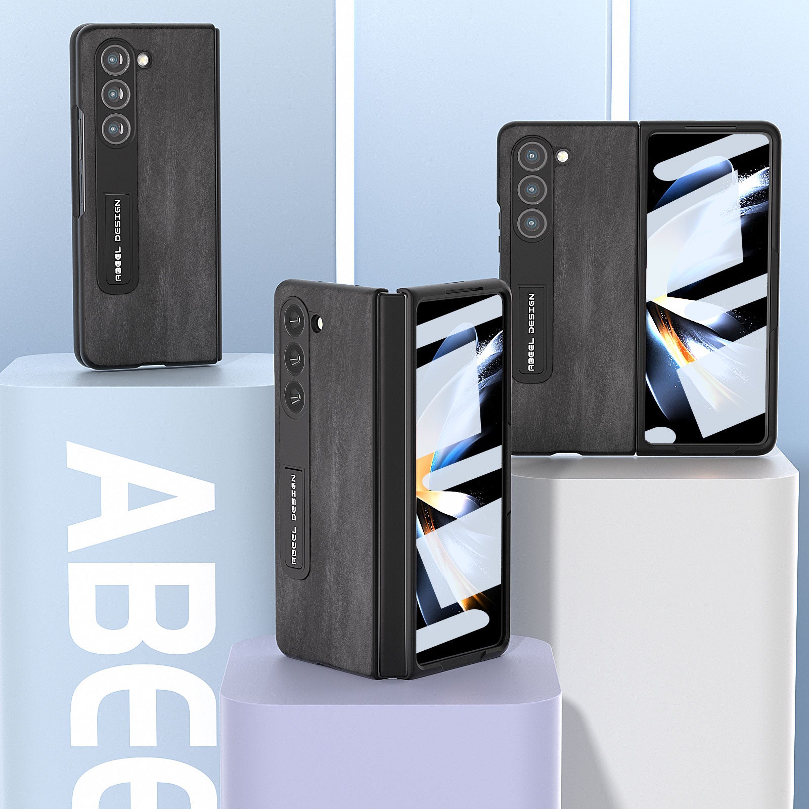 ABEEL For Samsung Galaxy Z Fold5 5G Leather Coated PC Kickstand Phone Case Cowhide Texture Shockproof Cover with Front Screen Film