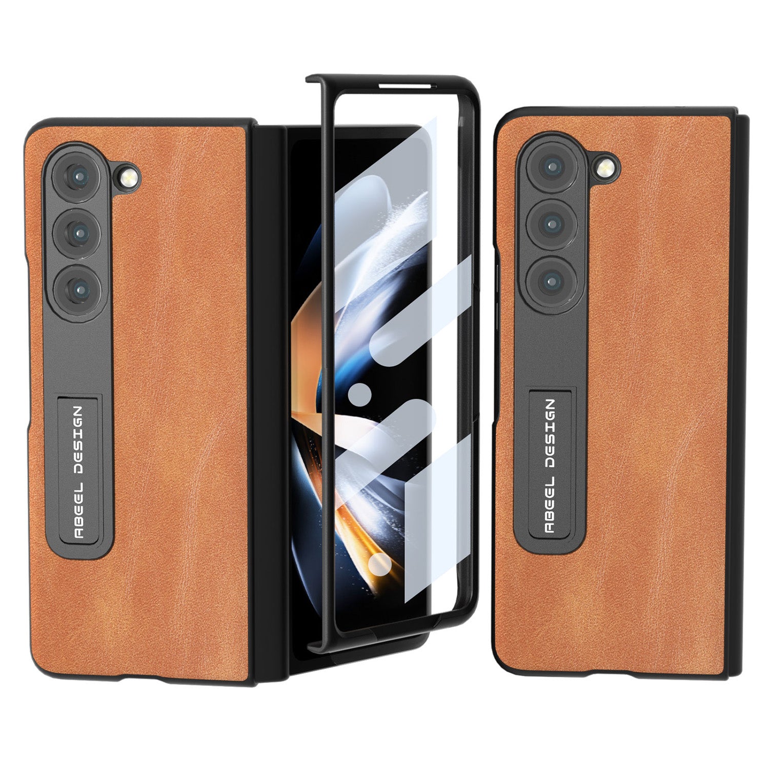 ABEEL For Samsung Galaxy Z Fold5 5G Leather Coated PC Kickstand Phone Case Cowhide Texture Shockproof Cover with Front Screen Film