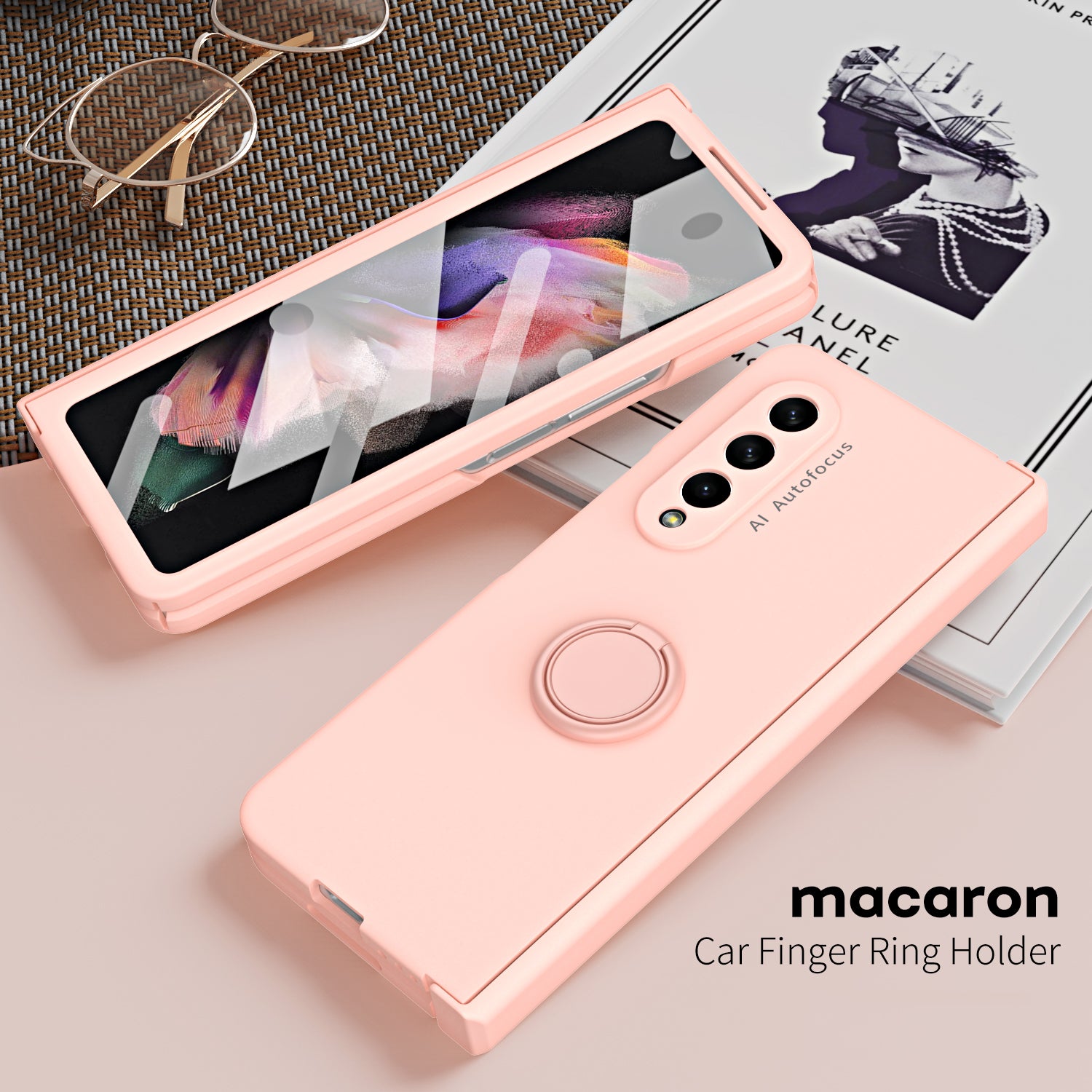For Samsung Galaxy Z Fold4 5G Macaron Phone Cover with Front Screen Film Hard PC Kickstand Case Support Magnetic Car Mount