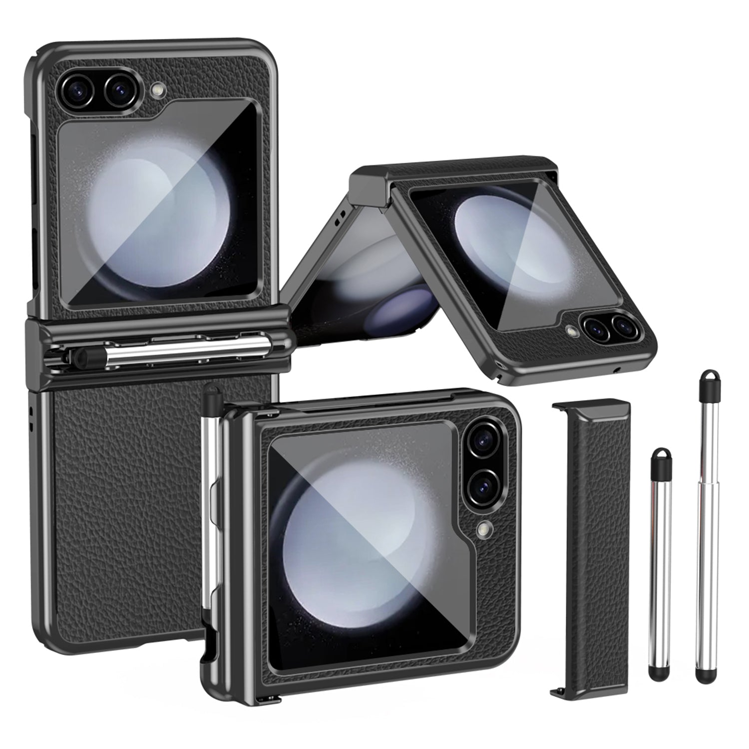 For Samsung Galaxy Z Flip5 5G Litchi Texture Phone Case Double Hinge Design Leather Coated PC Electroplating Cover with Stylus Pen