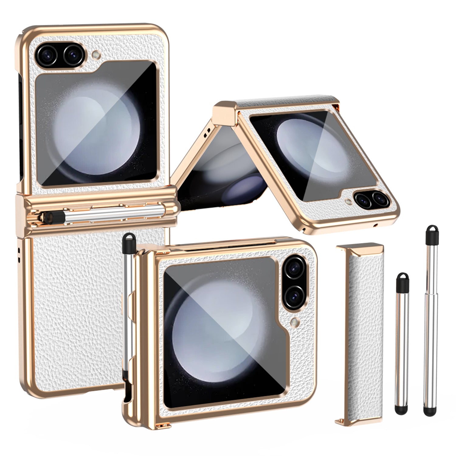 For Samsung Galaxy Z Flip5 5G Litchi Texture Phone Case Double Hinge Design Leather Coated PC Electroplating Cover with Stylus Pen