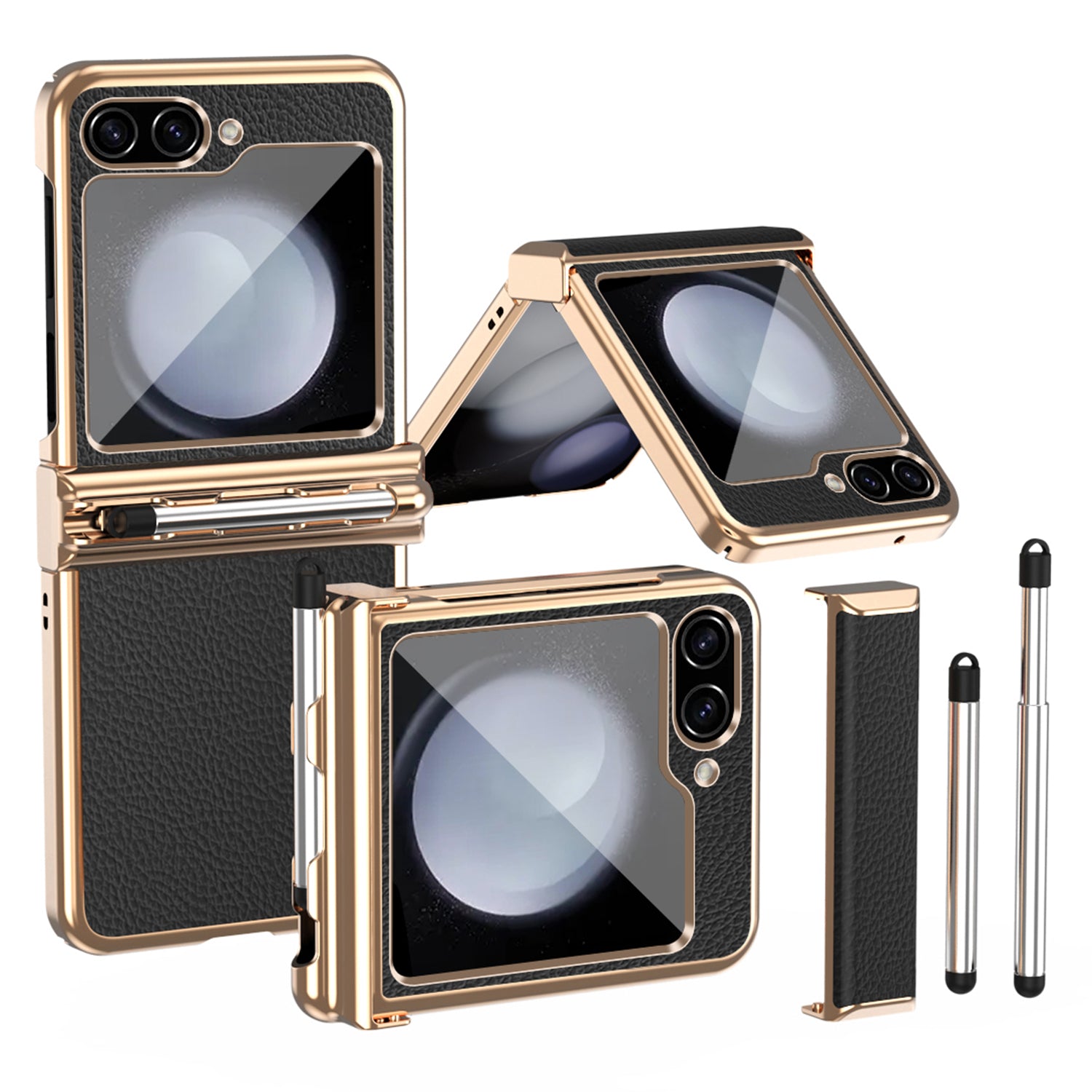 For Samsung Galaxy Z Flip5 5G Litchi Texture Phone Case Double Hinge Design Leather Coated PC Electroplating Cover with Stylus Pen
