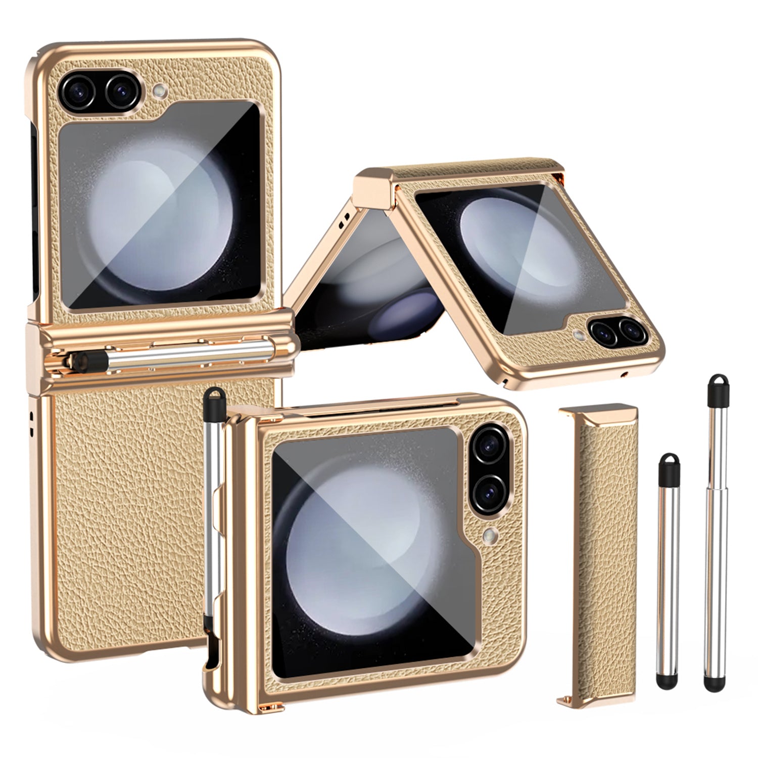 For Samsung Galaxy Z Flip5 5G Litchi Texture Phone Case Double Hinge Design Leather Coated PC Electroplating Cover with Stylus Pen