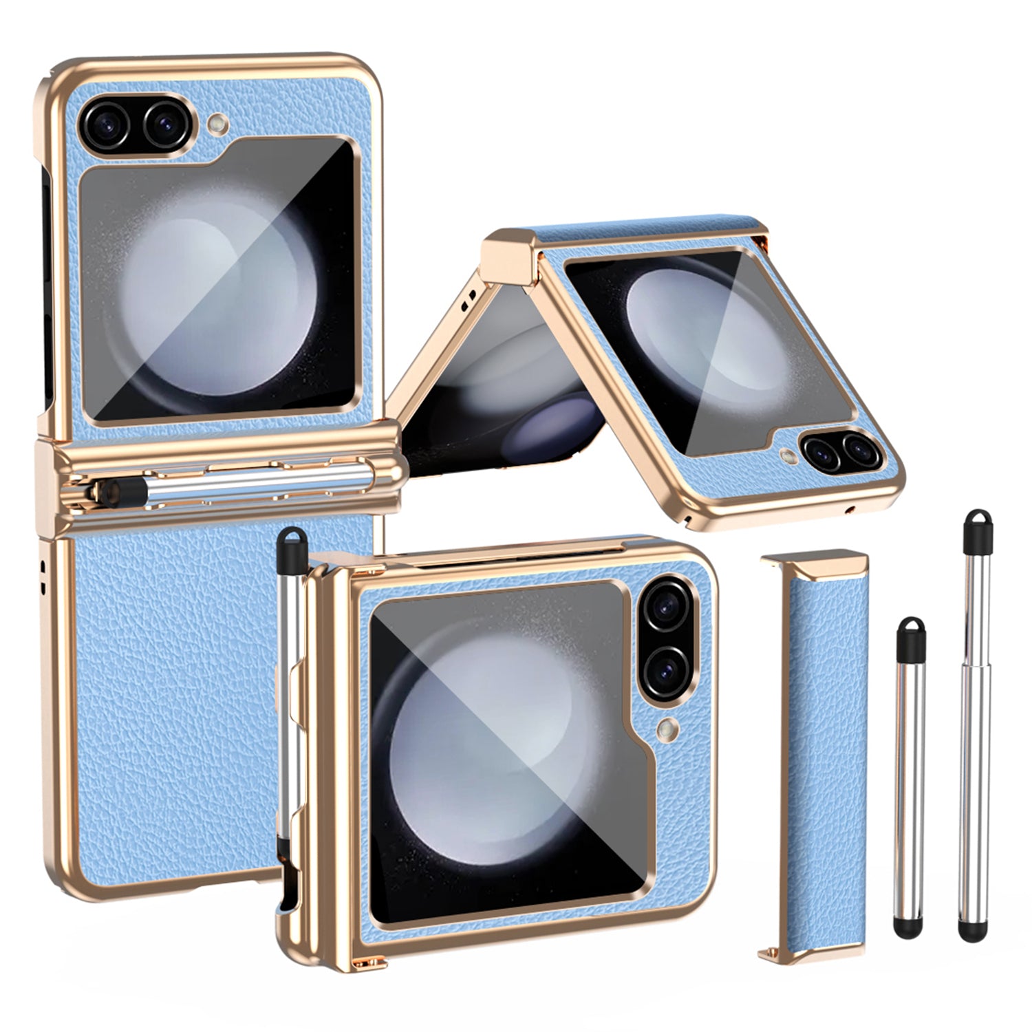 For Samsung Galaxy Z Flip5 5G Litchi Texture Phone Case Double Hinge Design Leather Coated PC Electroplating Cover with Stylus Pen