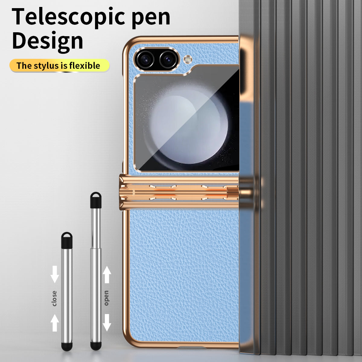 For Samsung Galaxy Z Flip5 5G Litchi Texture Phone Case Double Hinge Design Leather Coated PC Electroplating Cover with Stylus Pen