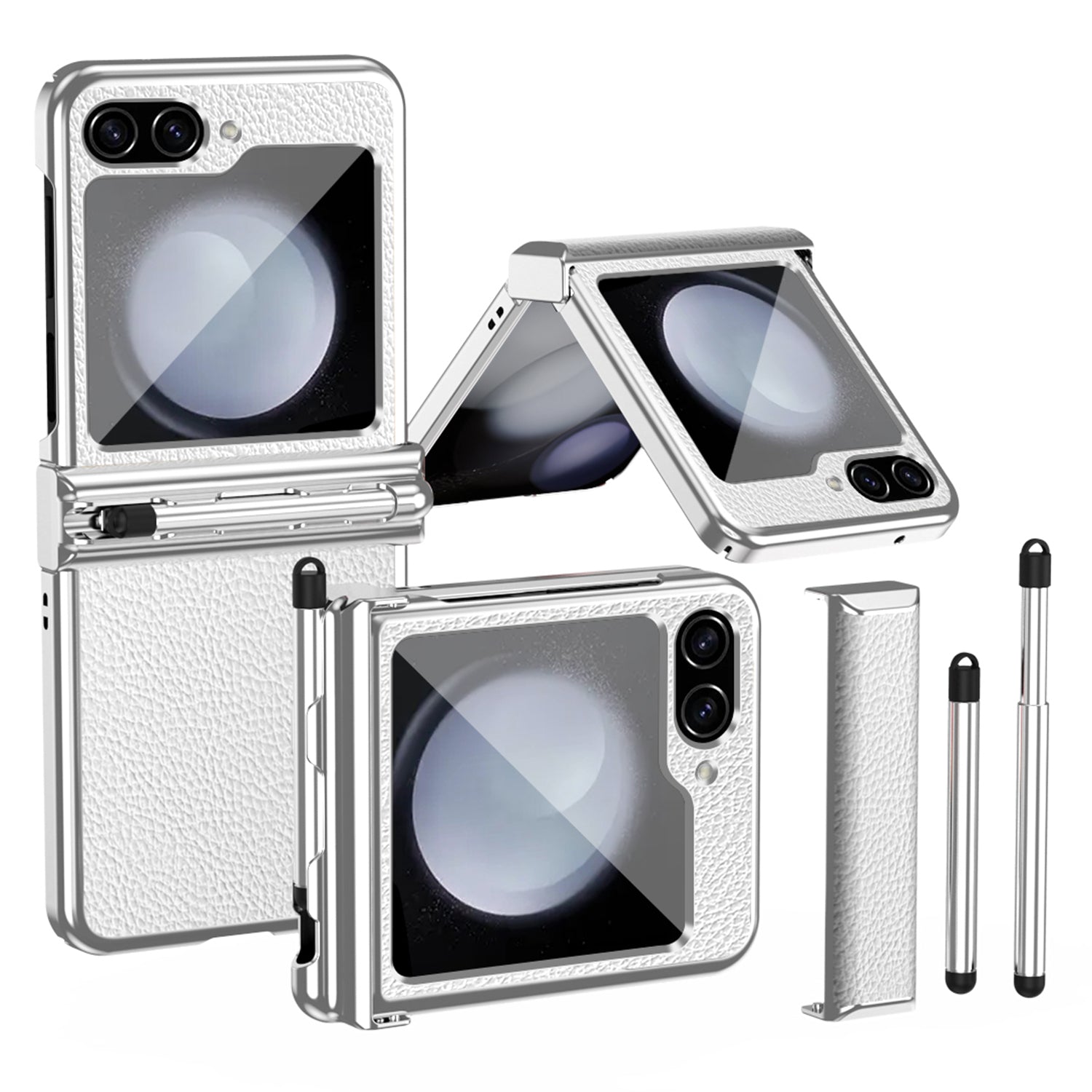 For Samsung Galaxy Z Flip5 5G Litchi Texture Phone Case Double Hinge Design Leather Coated PC Electroplating Cover with Stylus Pen