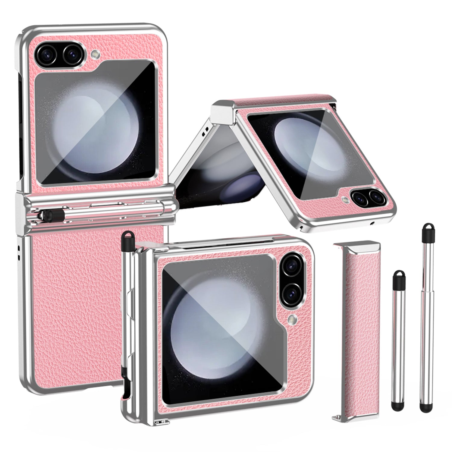 For Samsung Galaxy Z Flip5 5G Litchi Texture Phone Case Double Hinge Design Leather Coated PC Electroplating Cover with Stylus Pen