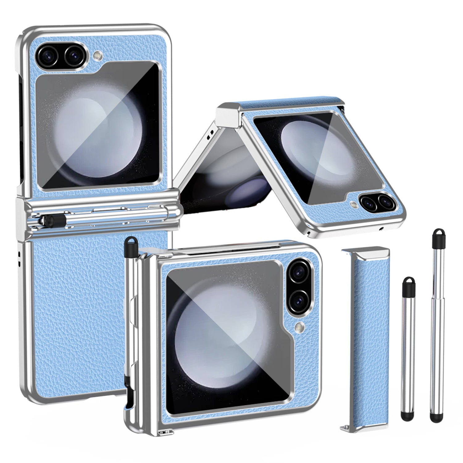 For Samsung Galaxy Z Flip5 5G Litchi Texture Phone Case Double Hinge Design Leather Coated PC Electroplating Cover with Stylus Pen