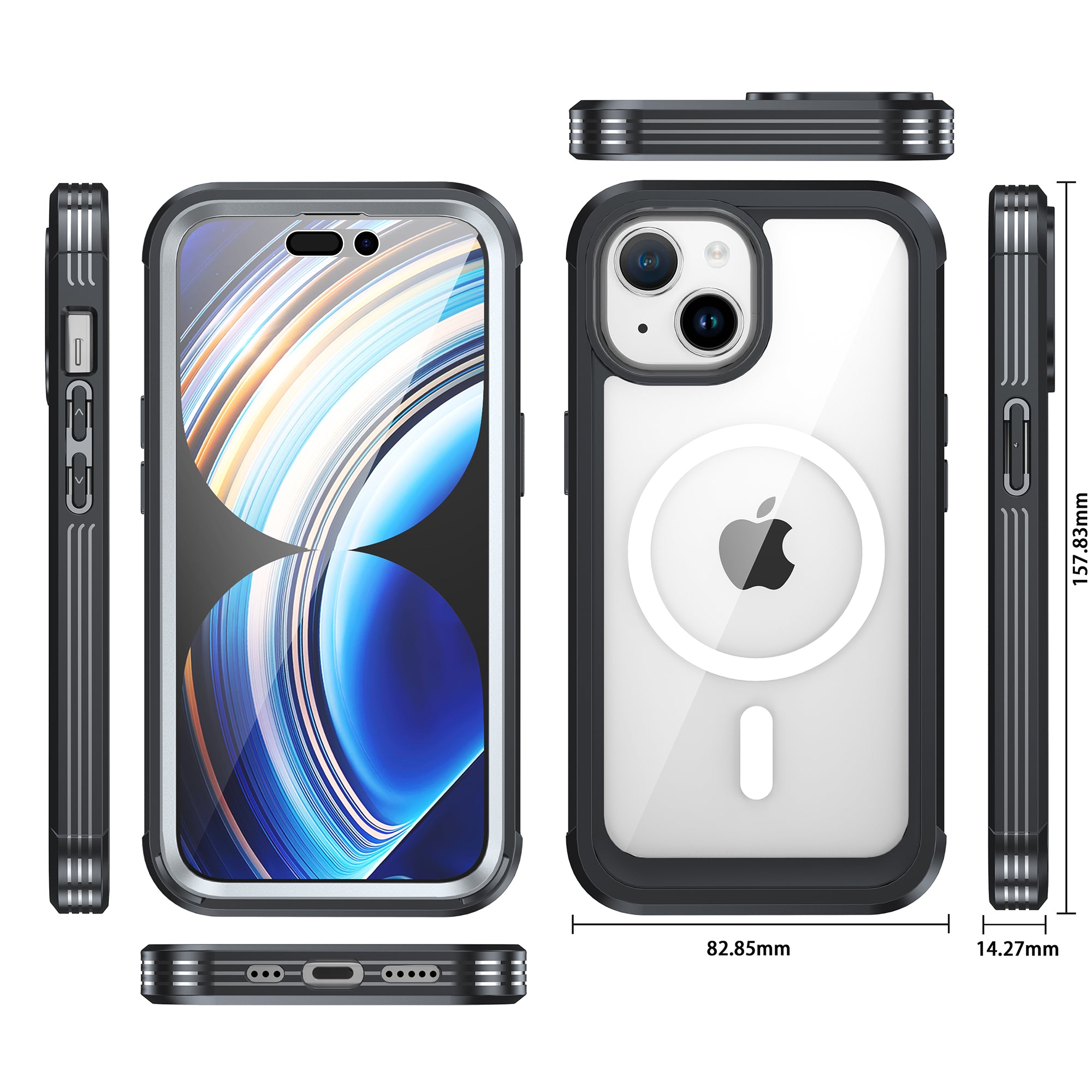 For iPhone 15 Scratch Proof Transparent Phone Case PC TPU Cover with Tempered Glass Screen Protector