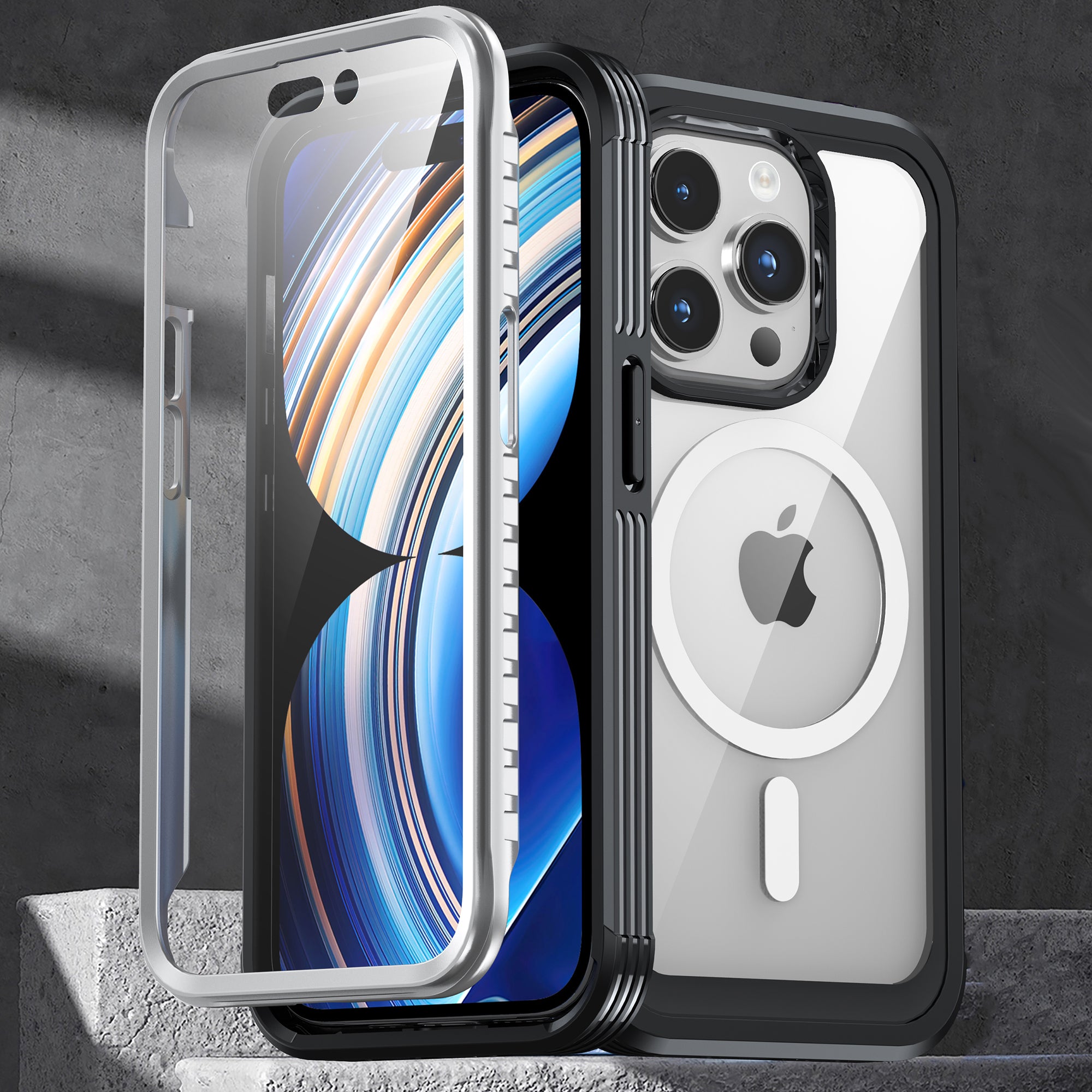 For iPhone 15 Plus Shockproof Transparent Phone Case PC TPU Cover with Tempered Glass Screen Protector