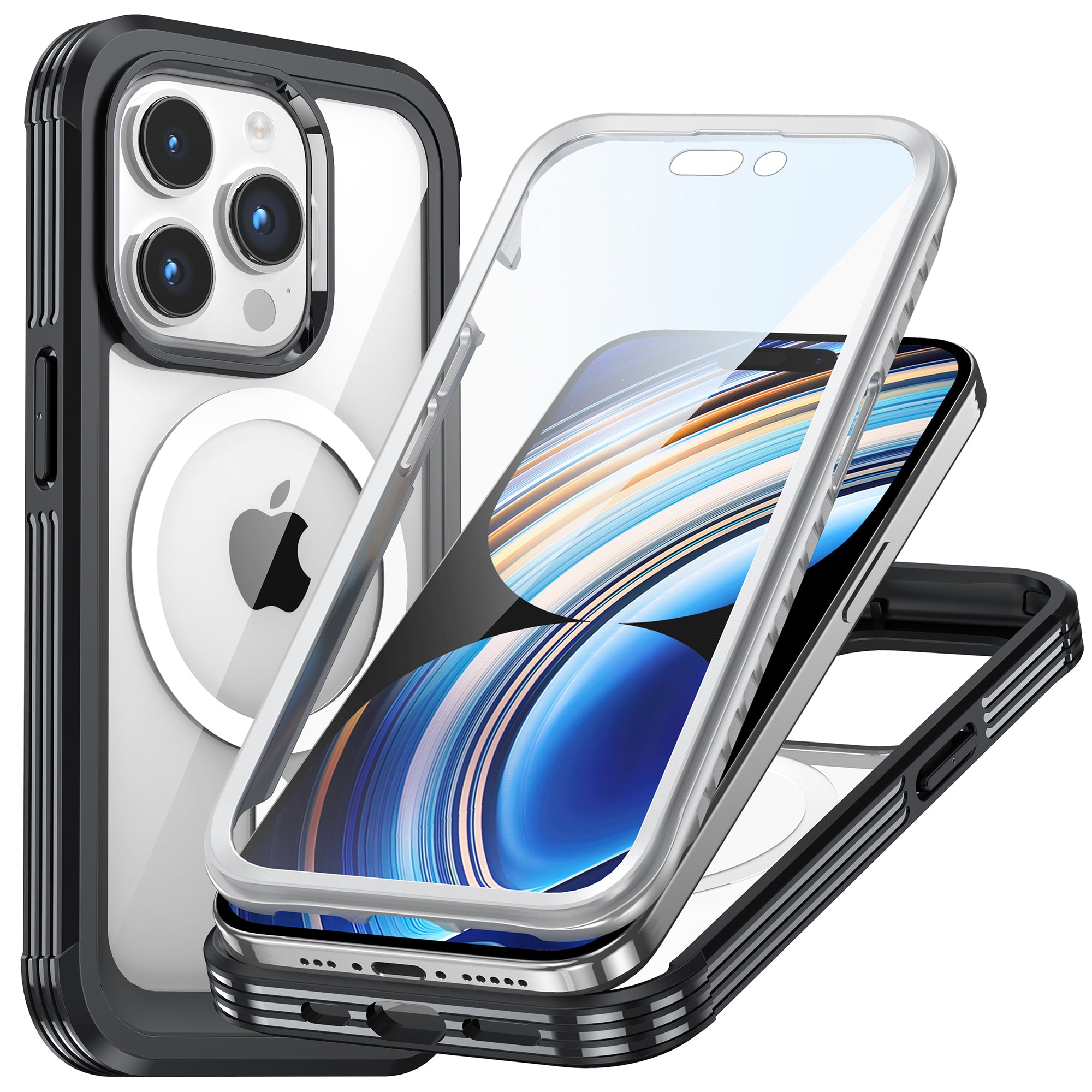 For iPhone 15 Pro Fall Protection Transparent Phone Case PC TPU Cover with Tempered Glass Screen Protector