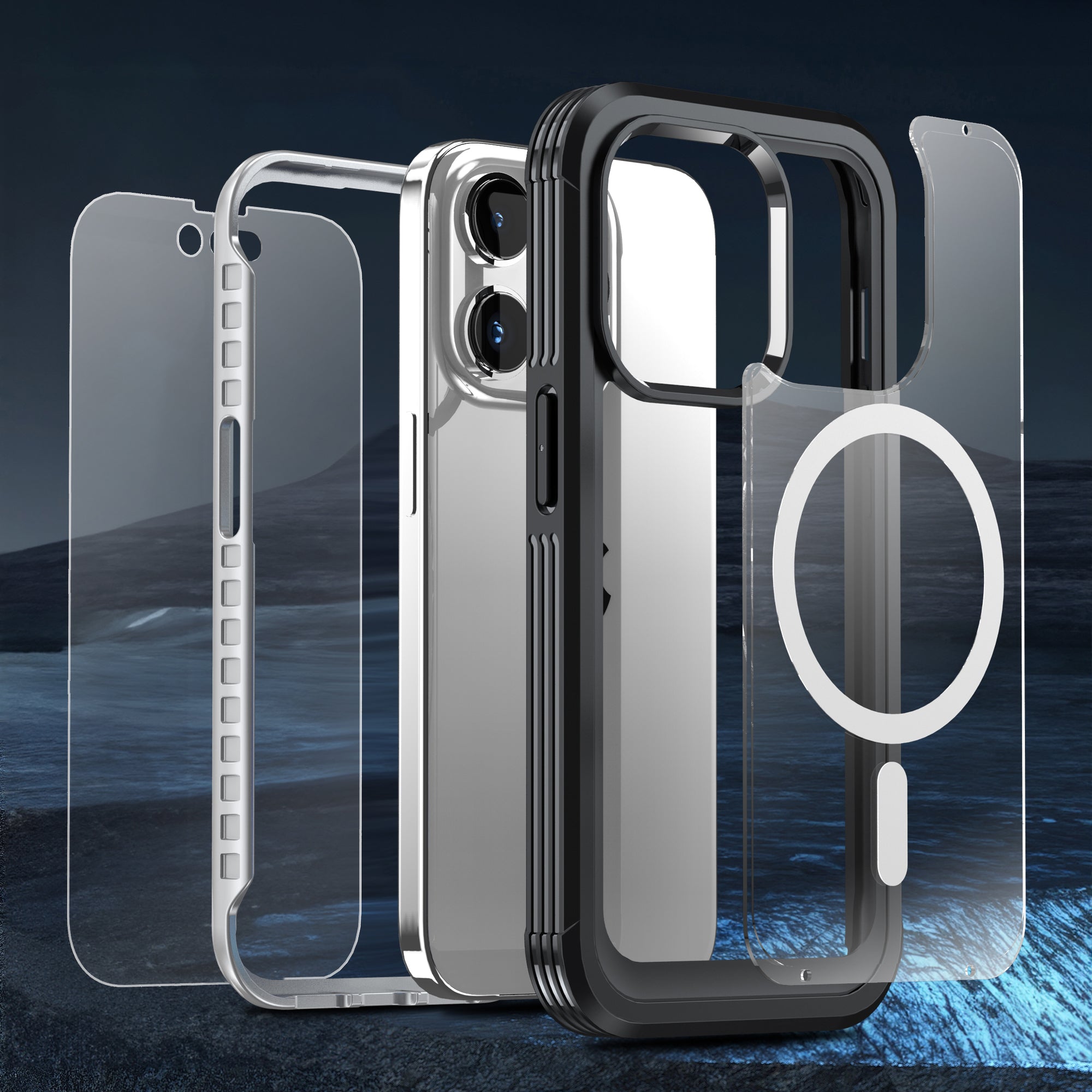 For iPhone 15 Pro Fall Protection Transparent Phone Case PC TPU Cover with Tempered Glass Screen Protector