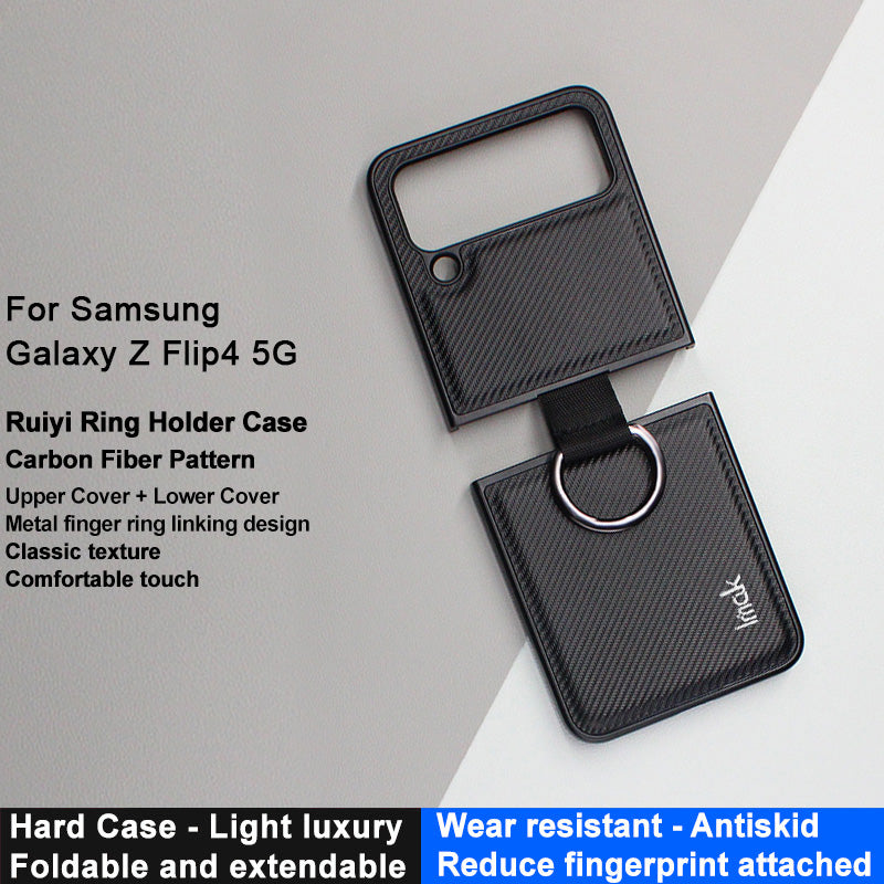 IMAK Ruiyi Series for Samsung Galaxy Z Flip4 5G Finger Ring Phone Case Carbon Fiber Leather Coated PC Cover