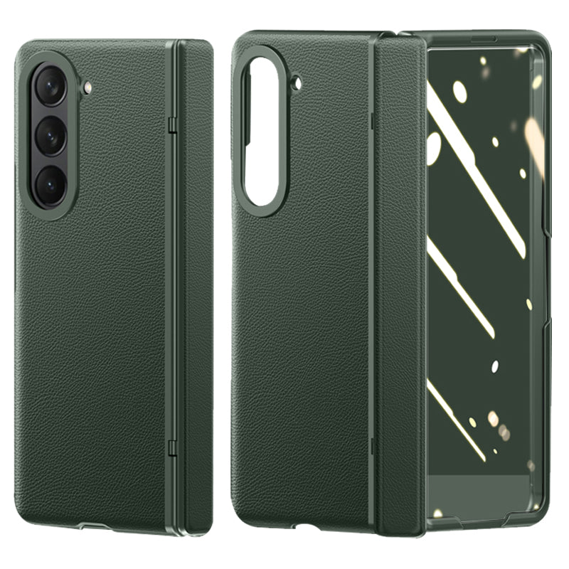 For Samsung Galaxy Z Fold5 5G Leather Coated PC Case Hinge Skin-touch Phone Cover with HD Clear Tempered Glass Film