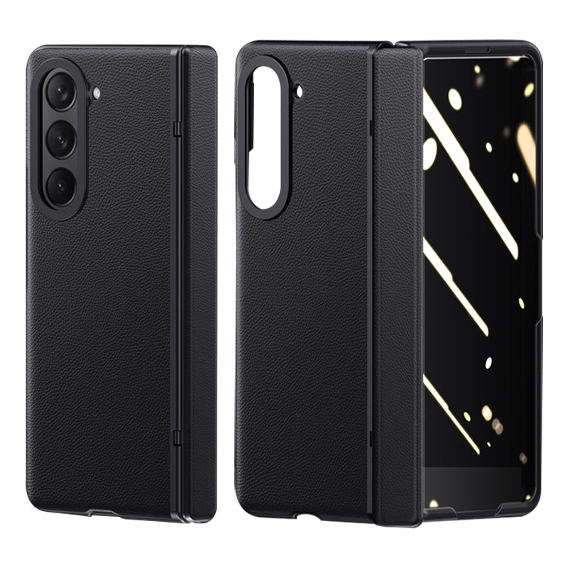 For Samsung Galaxy Z Fold5 5G Hinge Phone Case Skin-touch PU Leather PC Cover with Anti-spy Tempered Glass Film