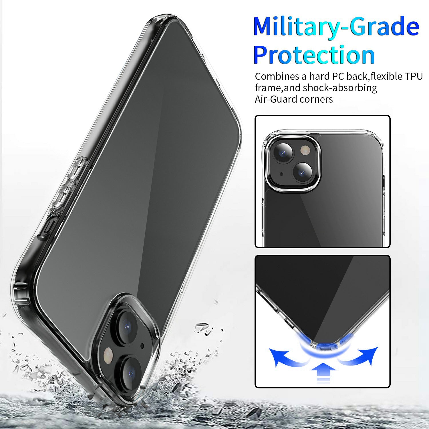 Pro iPhone 15 Vysoce průhledný zadní kryt TPU PC odolný proti nárazu na mobilní telefon