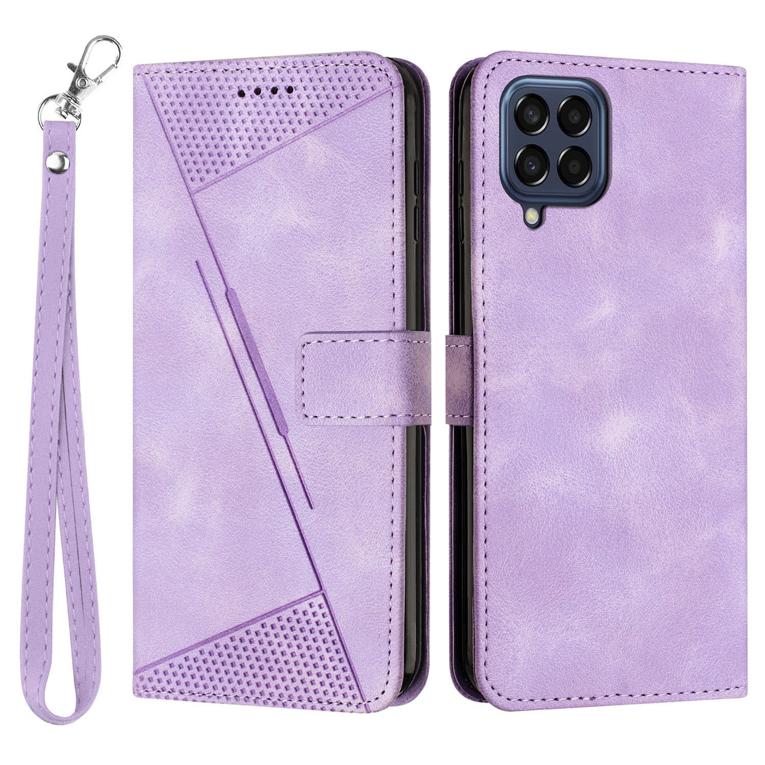 Triangle Imprinted Phone Case for Samsung Galaxy M53 5G PU Leather Flip Stand Wallet Cover with Strap
