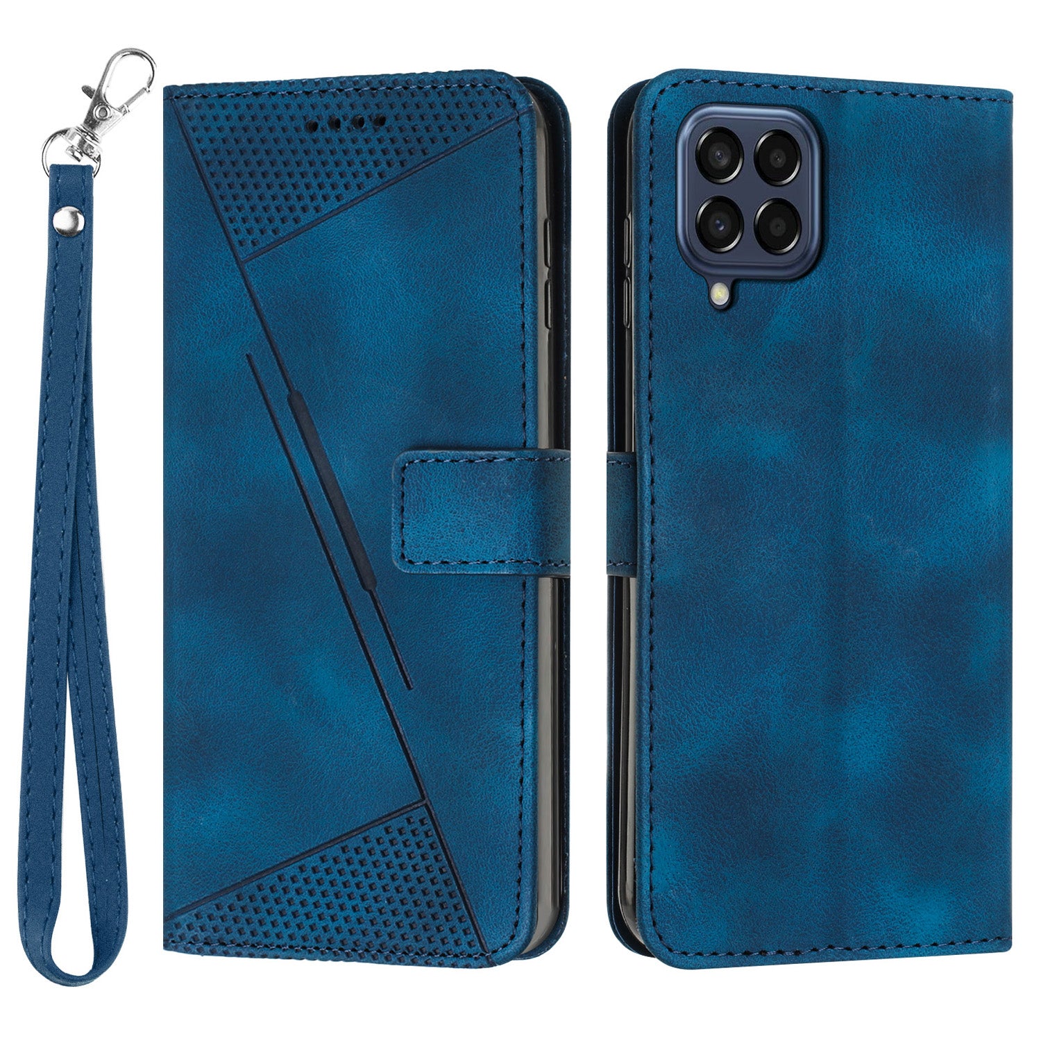Triangle Imprinted Phone Case for Samsung Galaxy M53 5G PU Leather Flip Stand Wallet Cover with Strap