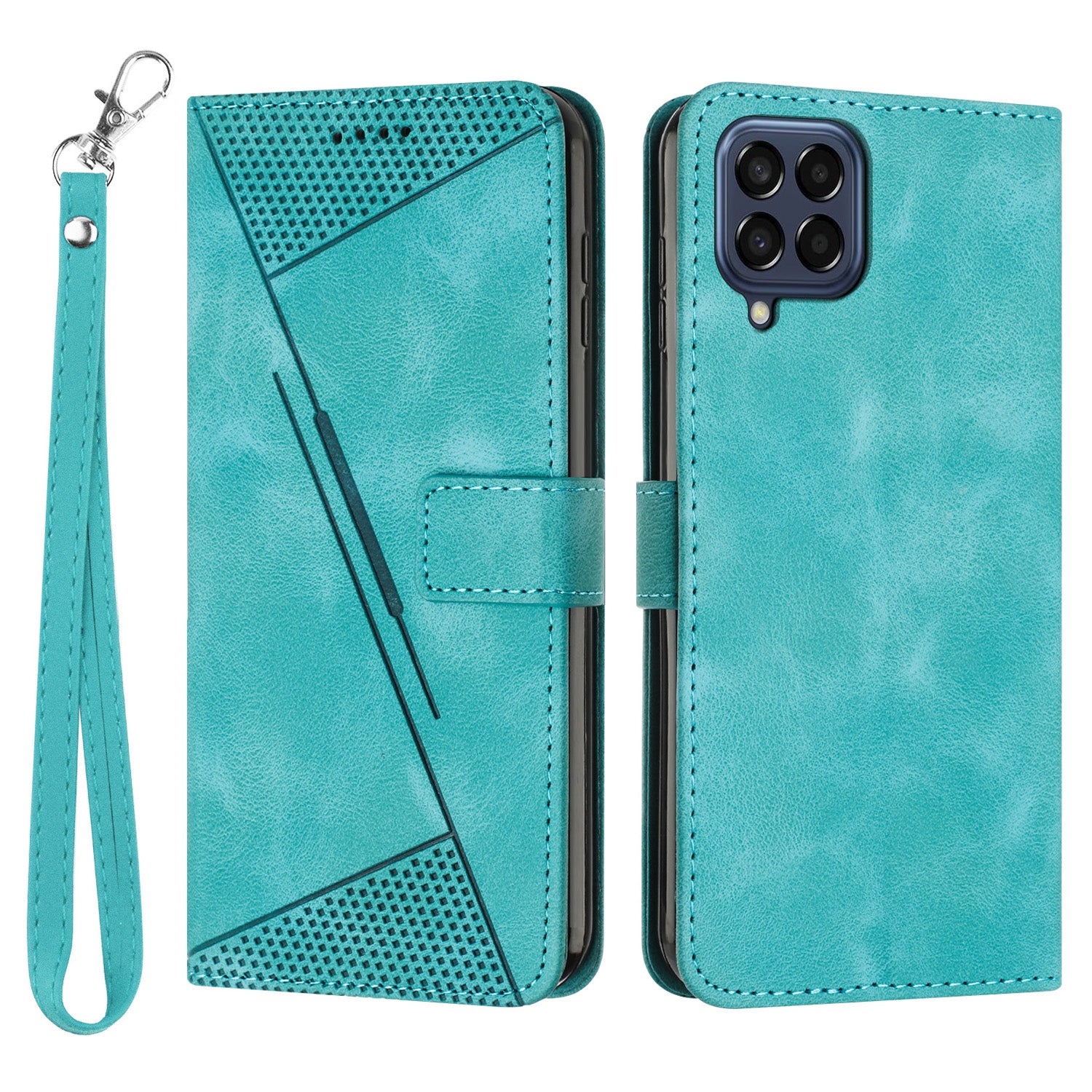 Triangle Imprinted Phone Case for Samsung Galaxy M53 5G PU Leather Flip Stand Wallet Cover with Strap