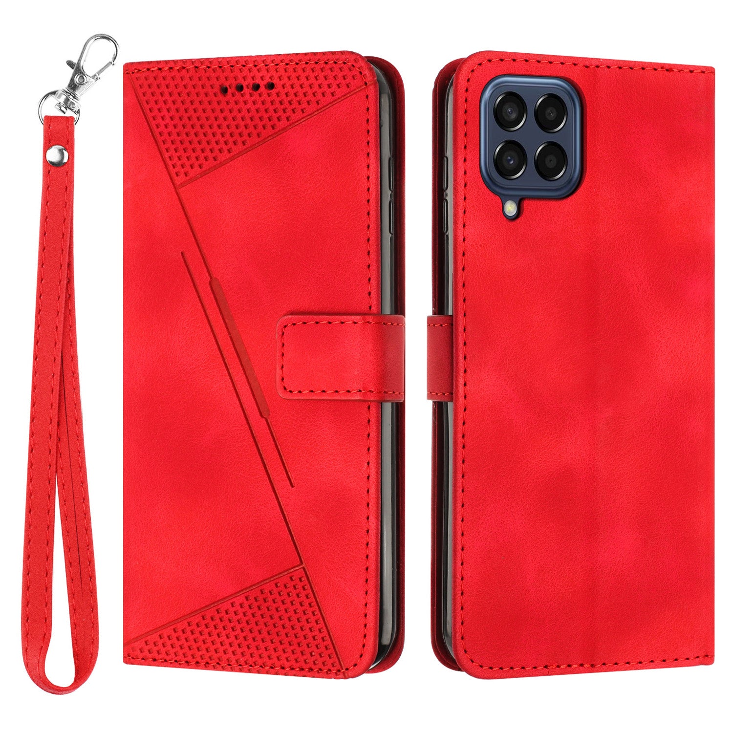 Triangle Imprinted Phone Case for Samsung Galaxy M53 5G PU Leather Flip Stand Wallet Cover with Strap