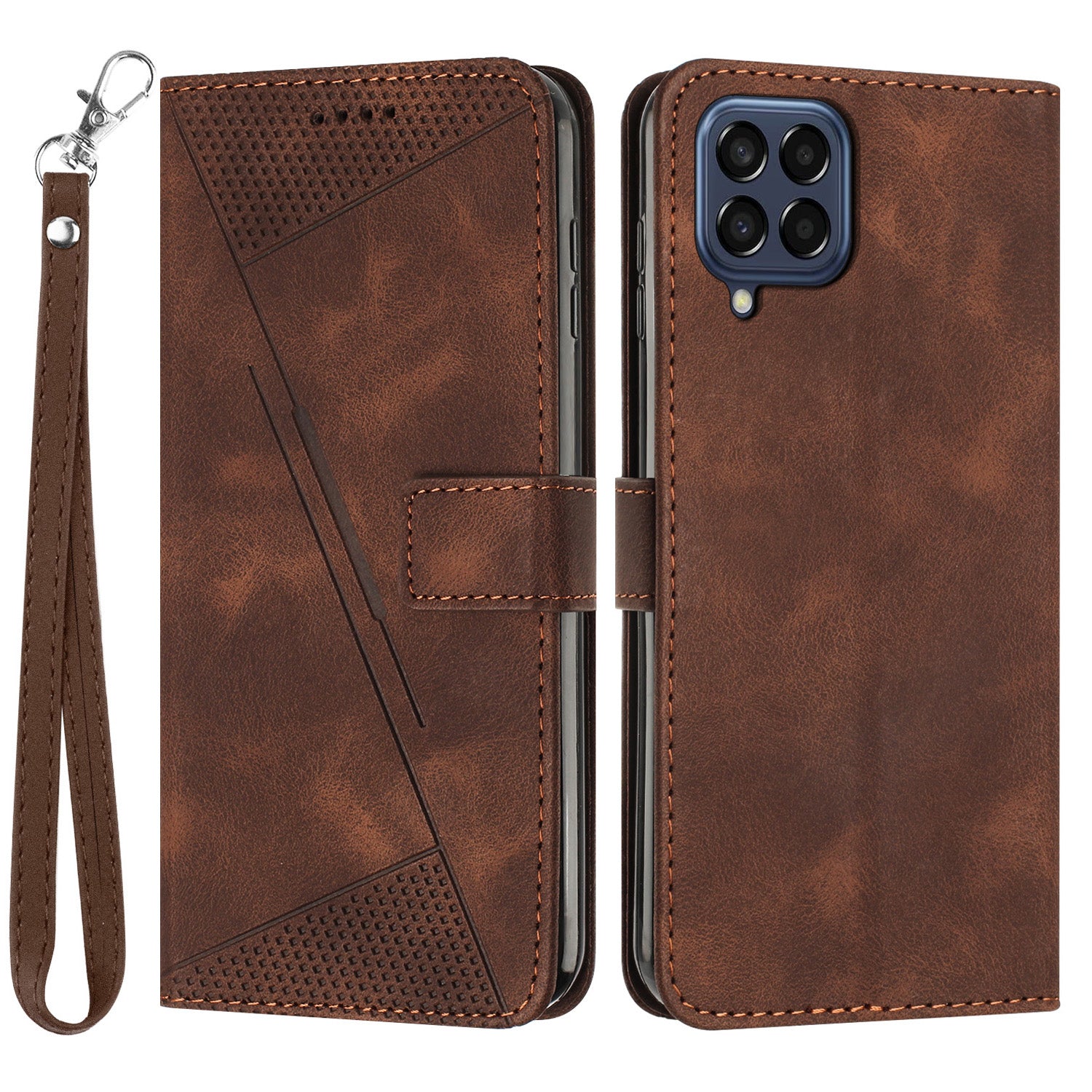 Triangle Imprinted Phone Case for Samsung Galaxy M53 5G PU Leather Flip Stand Wallet Cover with Strap