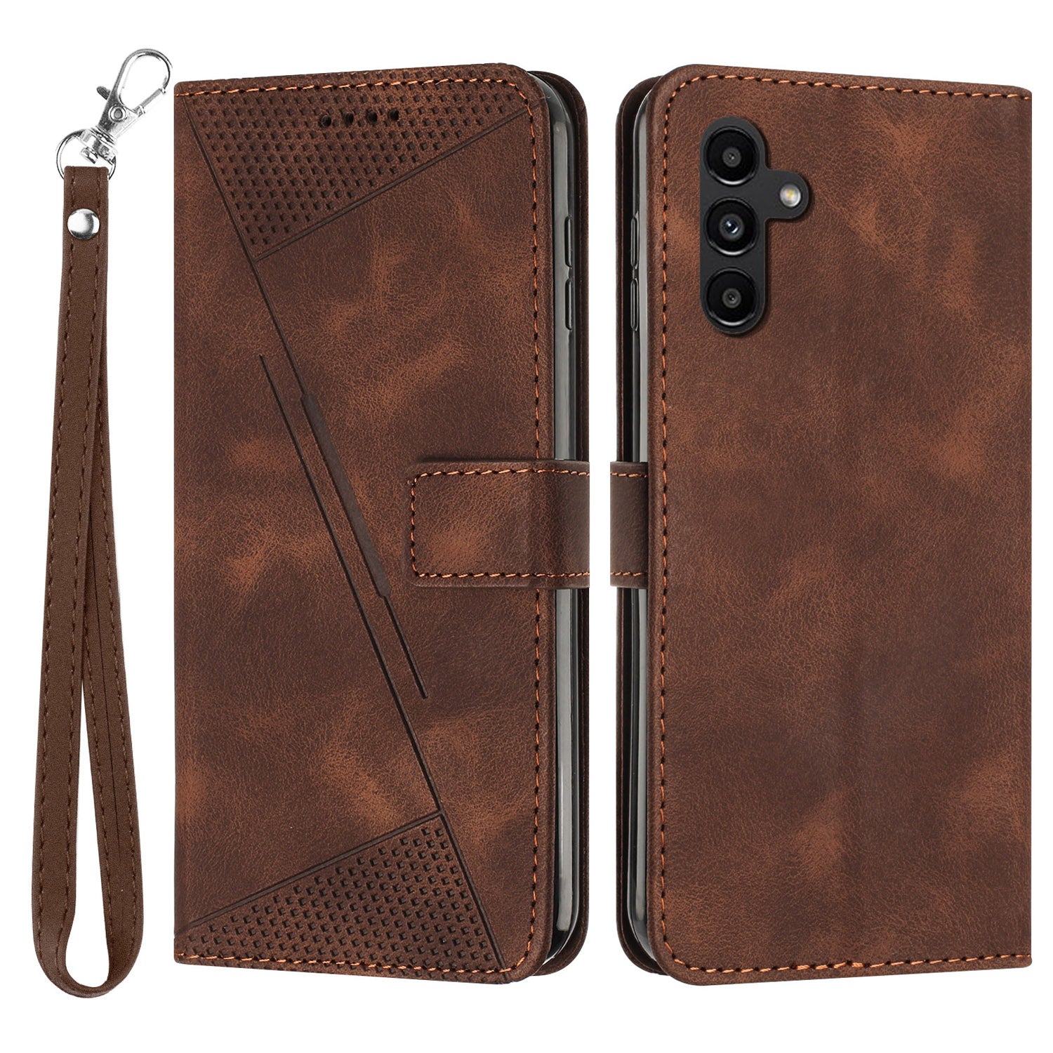PU Leather Phone Case for Samsung Galaxy A34 5G Triangle Imprinted Stand Wallet Cover with Strap