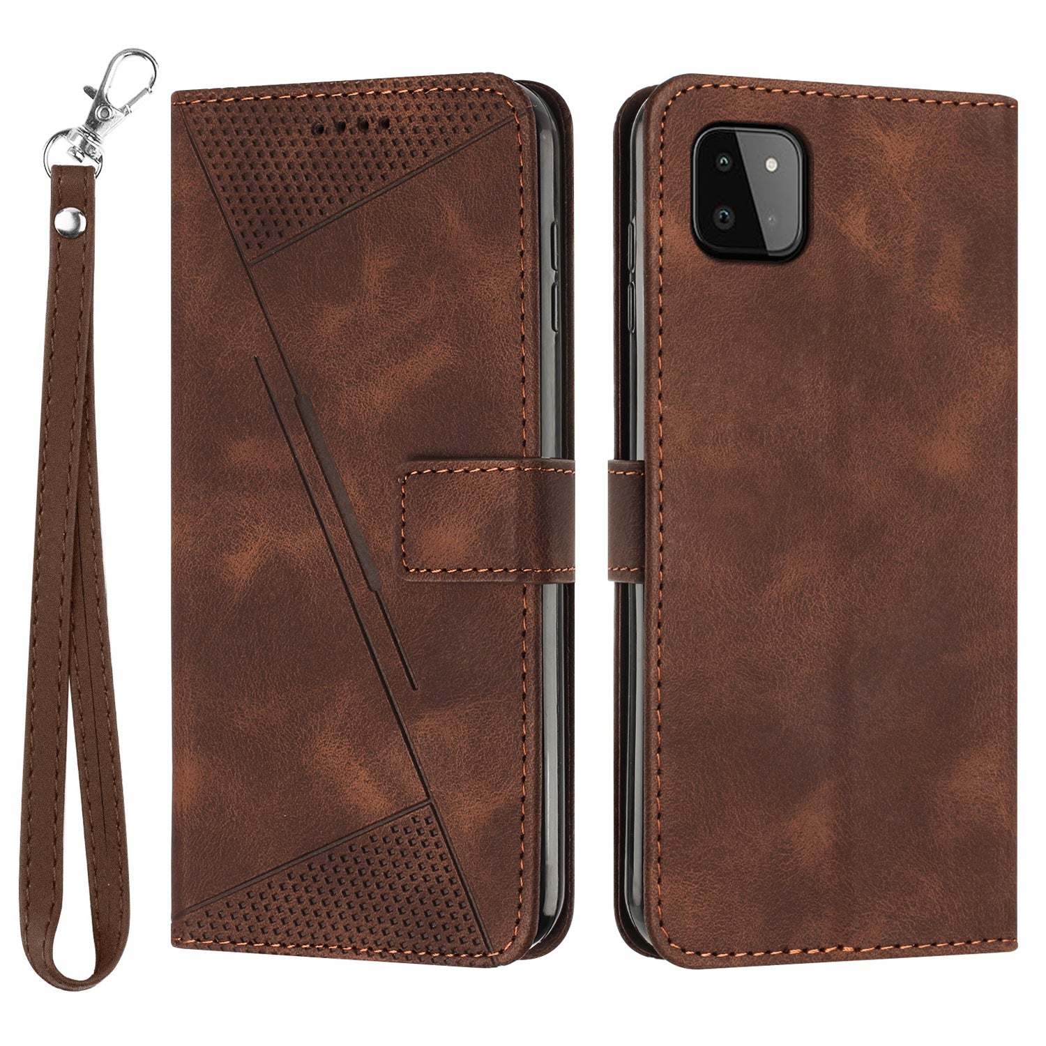Anti-drop Phone Case for Samsung Galaxy A22 5G (EU Version) Triangle Imprint Leather Stand Wallet Cover with Strap