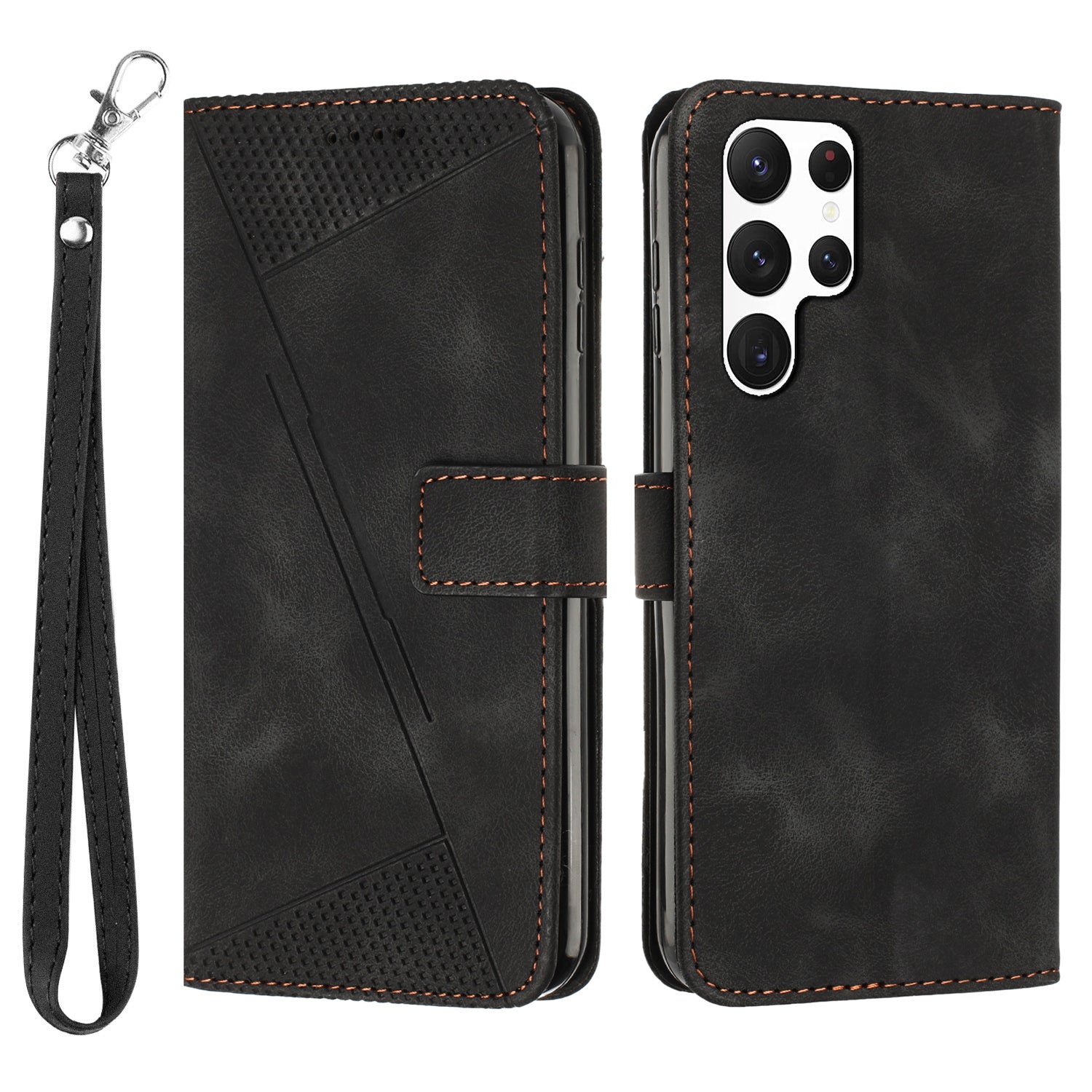Triangle Imprint Leather Case for Samsung Galaxy S23 Ultra Flip Stand Wallet Phone Cover with Strap