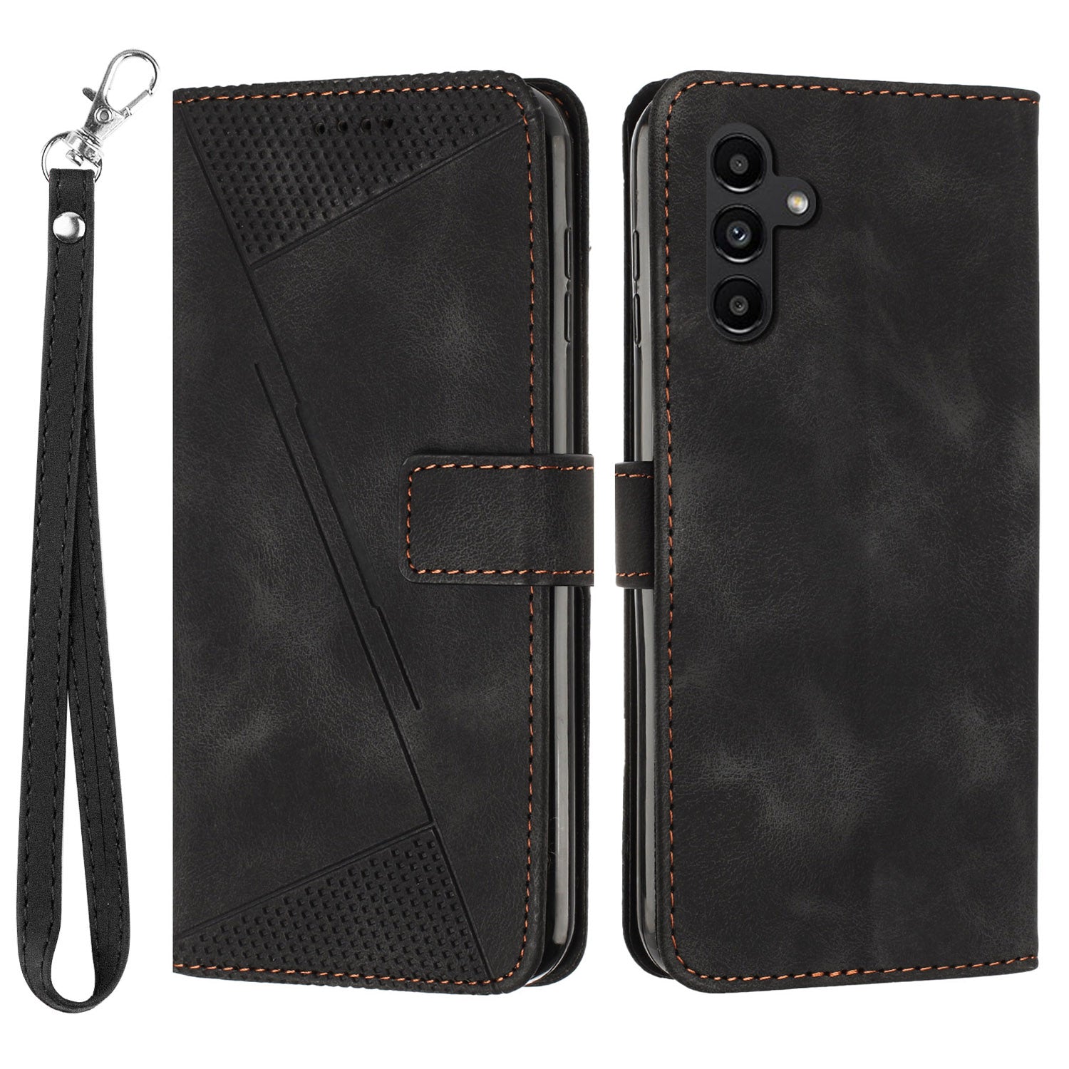 For Samsung Galaxy S23 FE Leather Wallet Stand Anti-shock Cover Triangle Imprint Mobile Case with Strap