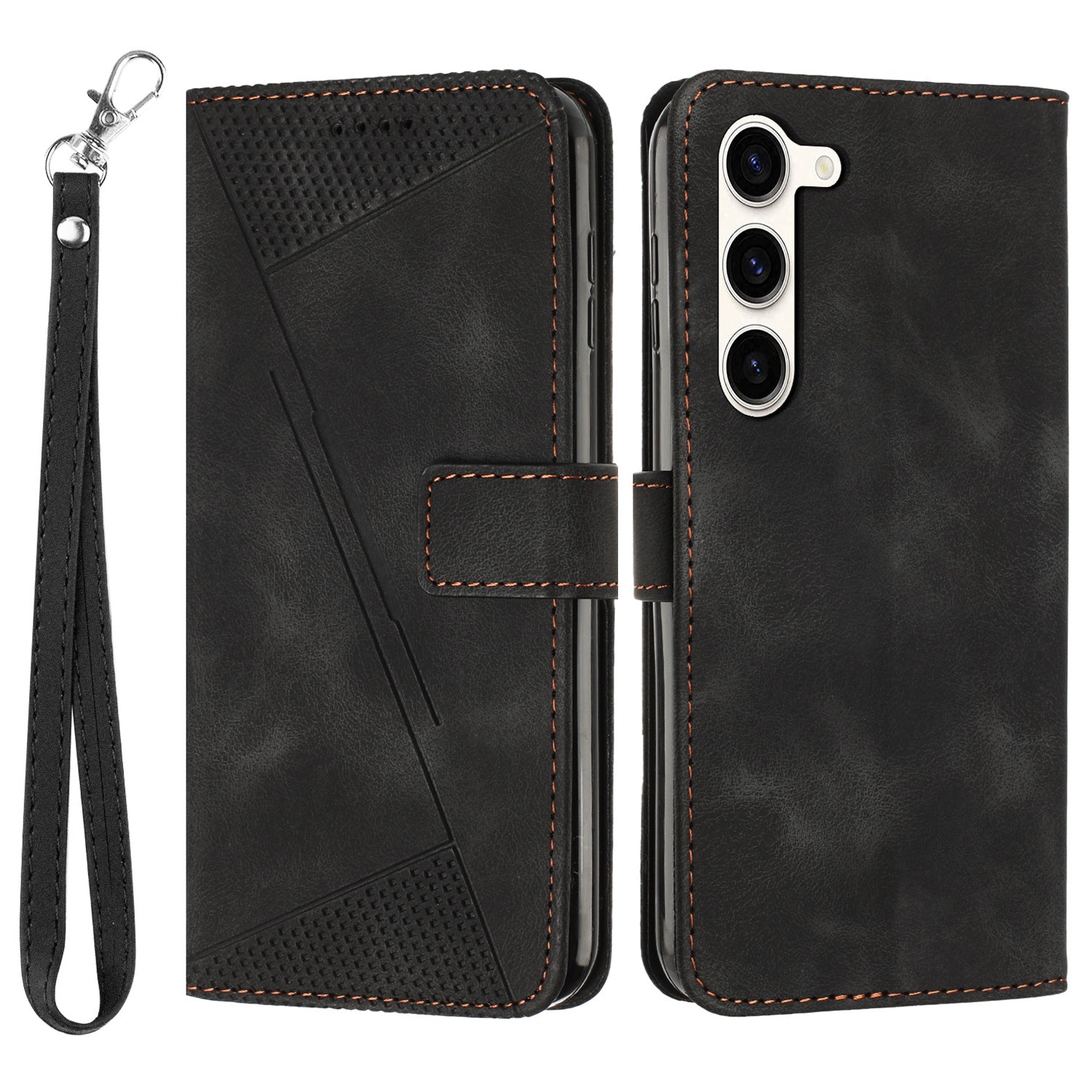 Triangle Imprint Leather Cover for Samsung Galaxy S23 Folding Stand Wallet Phone Case with Strap