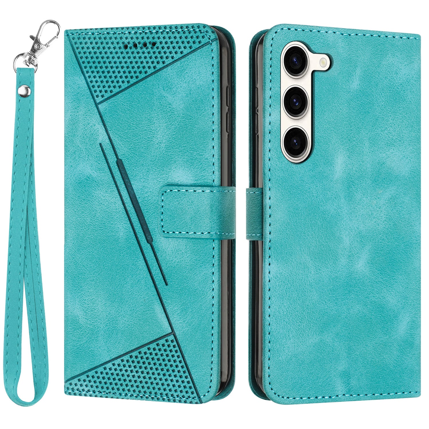 For Samsung Galaxy S23 Triangle Imprint Protective Phone Case Leather Wallet Stand Cover with Strap