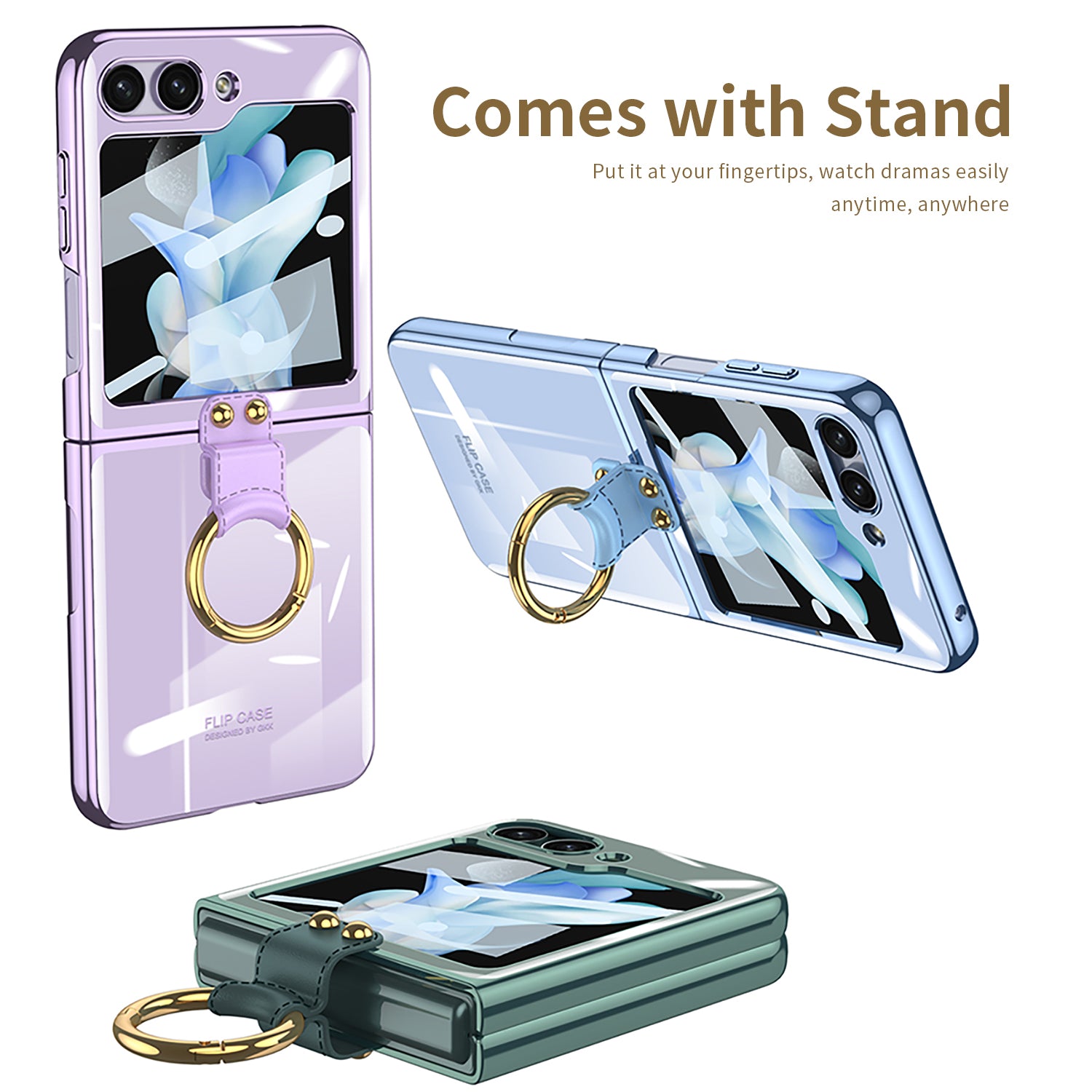 GKK For Samsung Galaxy Z Flip5 5G Clear Case Hard PC Ring Kickstand Phone Cover with Back Screen Protector