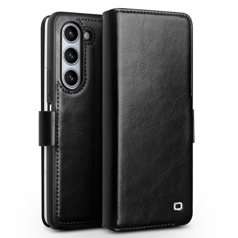 QIALINO Wallet Phone Case for Samsung Galaxy Z Fold5 5G TPU Genuine Cow Leather Folio Flip Cover