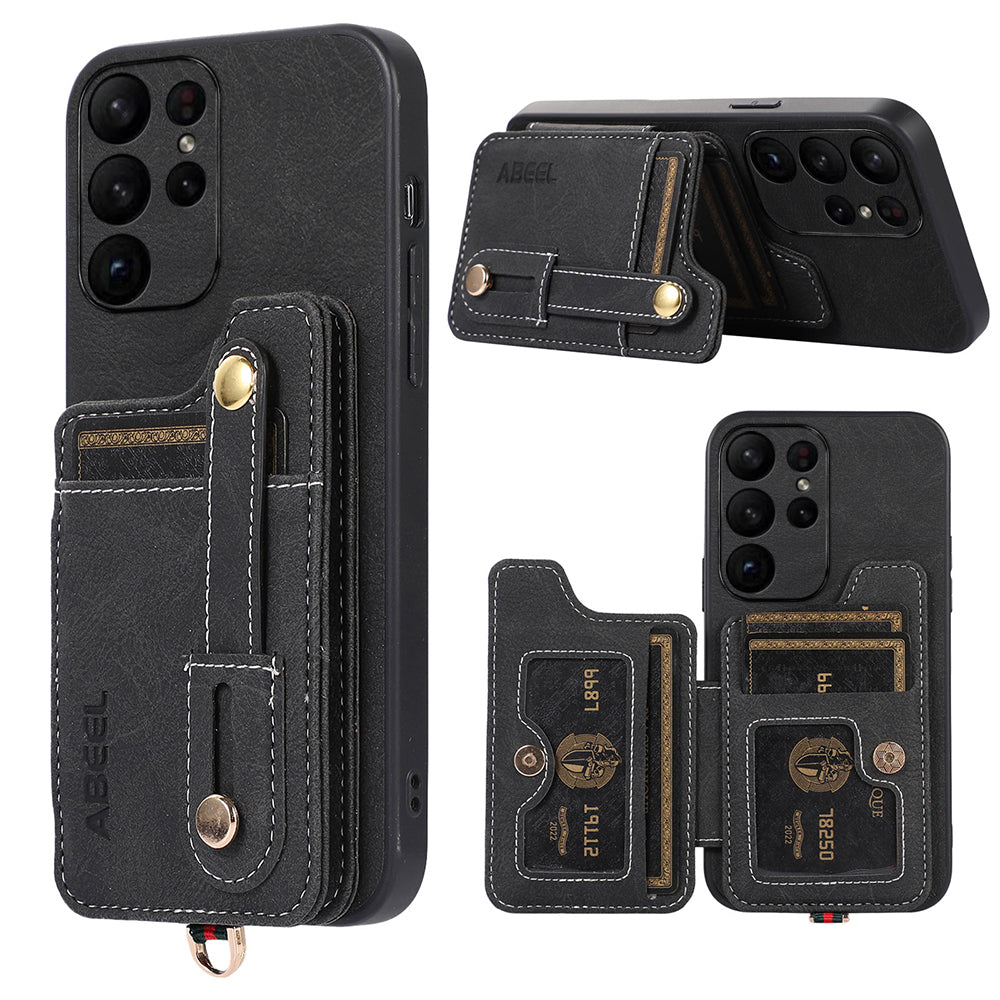 ABEEL Style 01 Litchi Texture Phone Shell for Samsung Galaxy S23 Ultra Card Slots Kickstand Case PU TPU PC Phone Cover